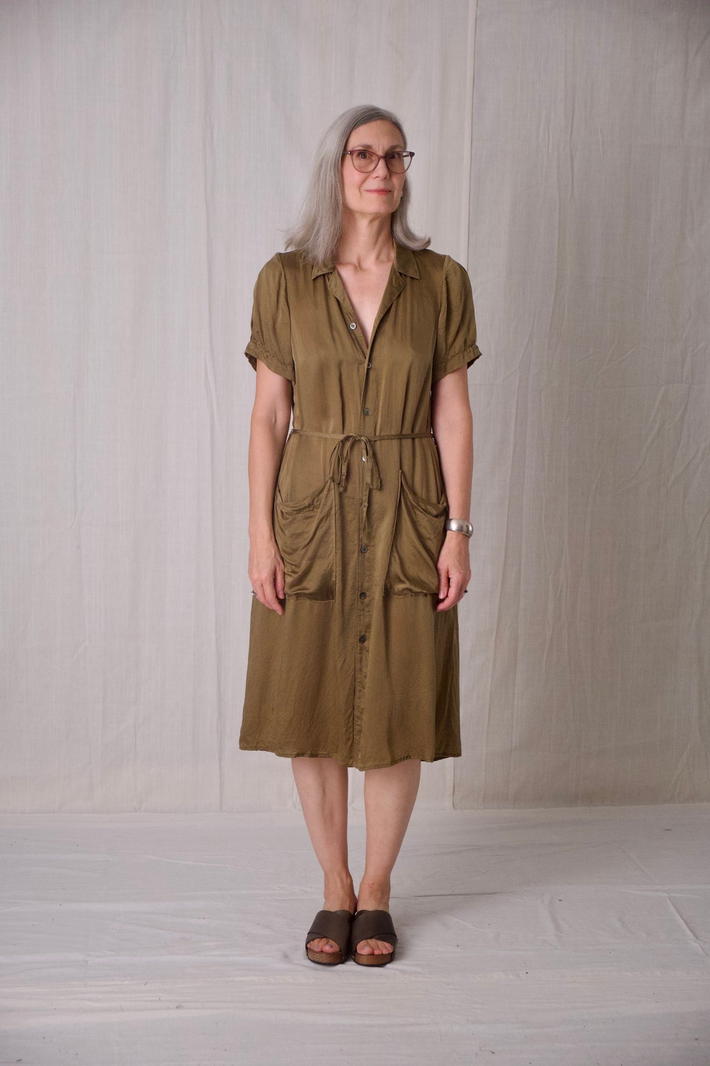 Short Sleeve Shirtdress Olive Rayon Twill