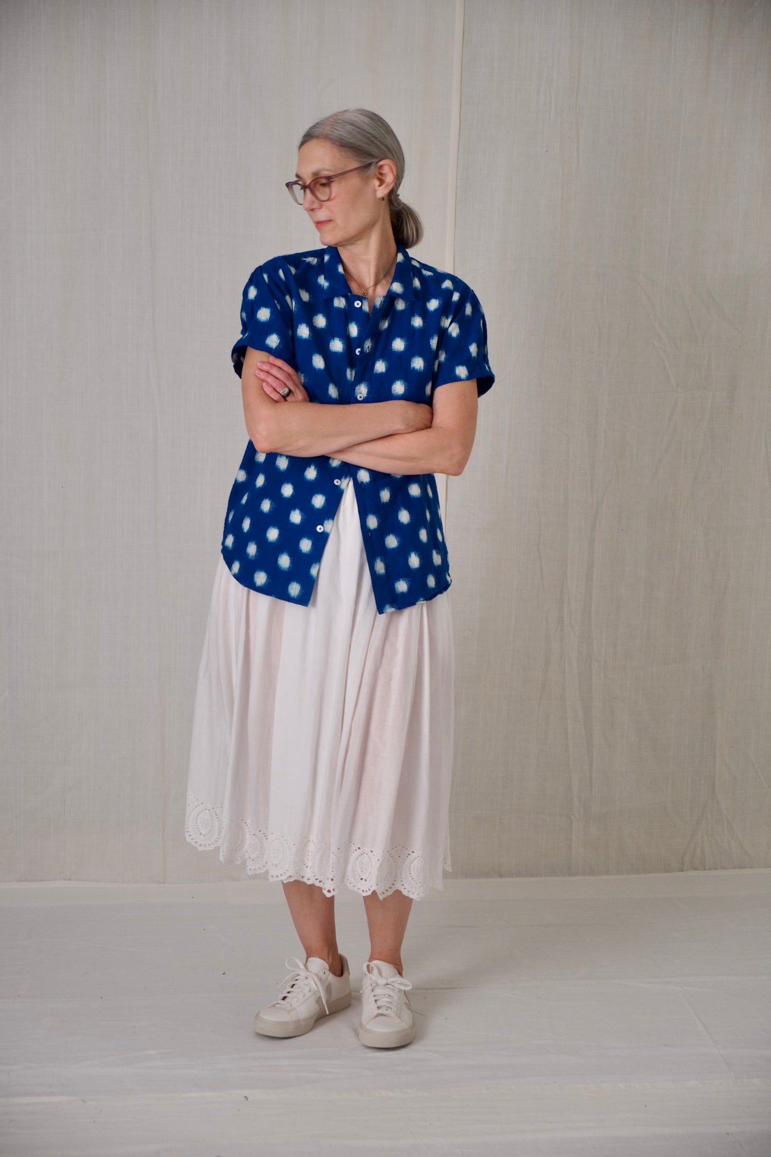 short sleeve blue ikat polka dot blouse