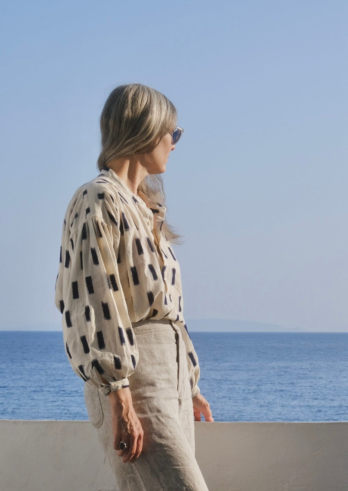 Peasant Blouse Natural/Indigo Brick Ikat on model