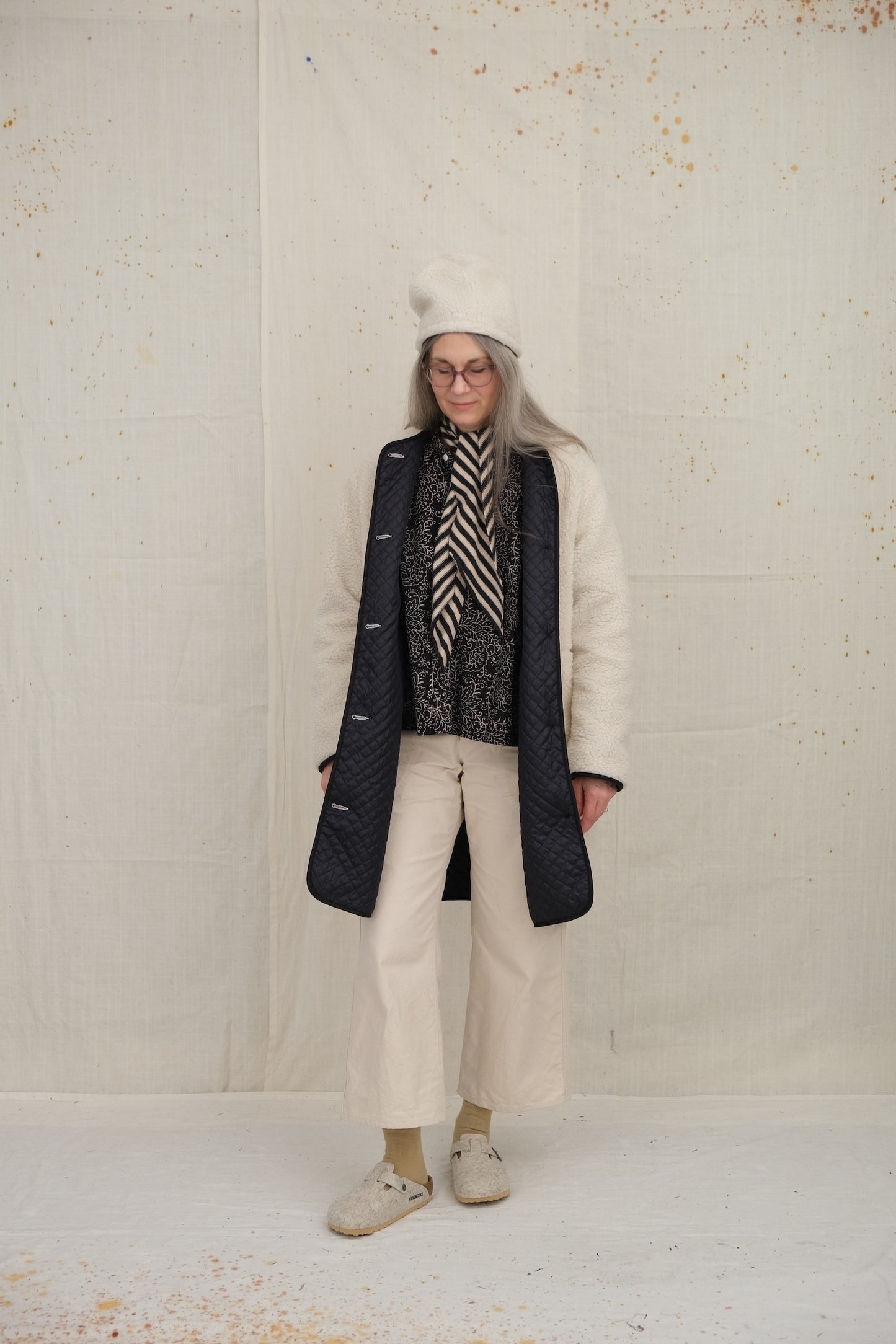 Cream Sherpa Liner Coat, unbuttoned