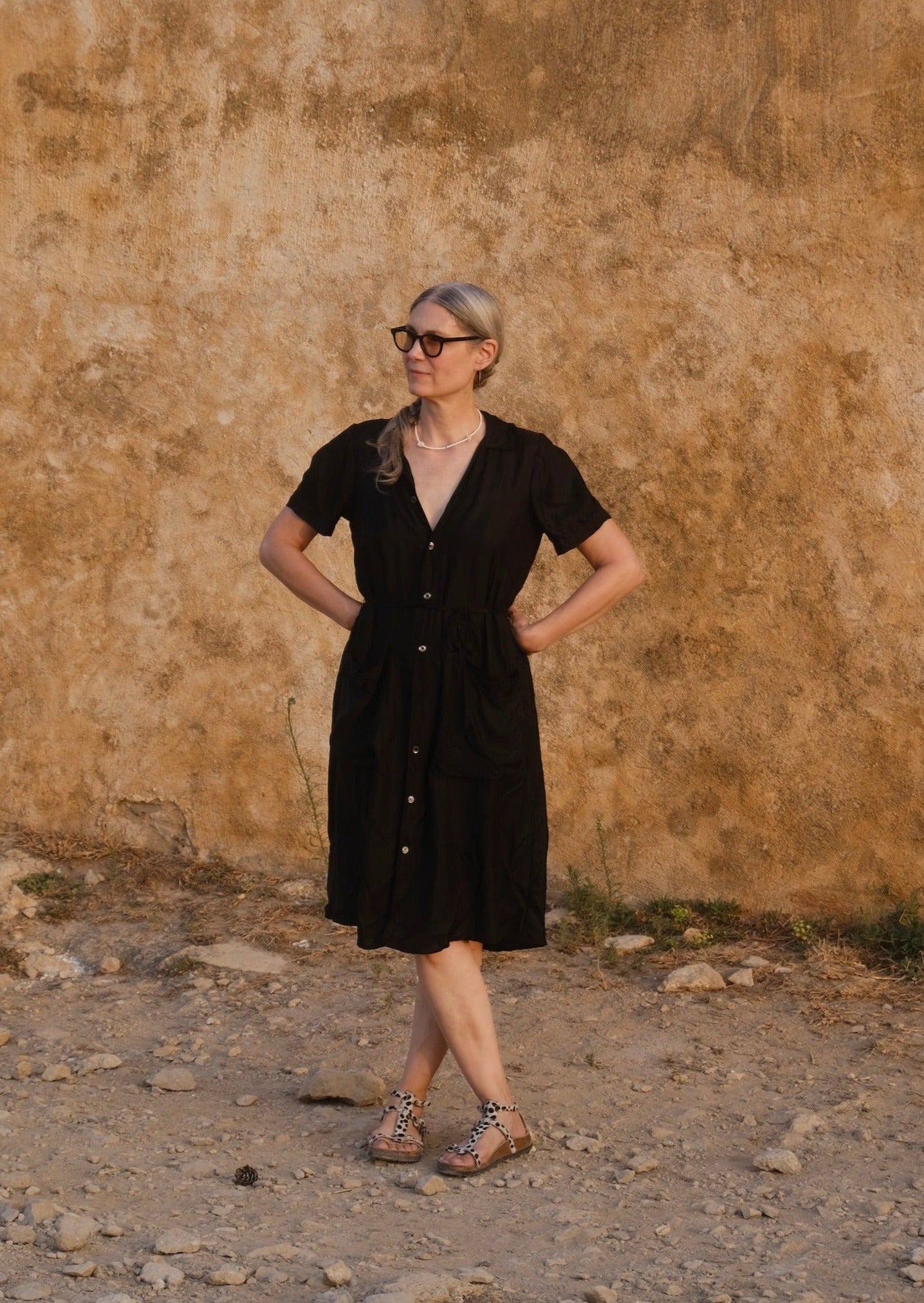 Black Rayon Twill Short Sleeve Shirtdress on model