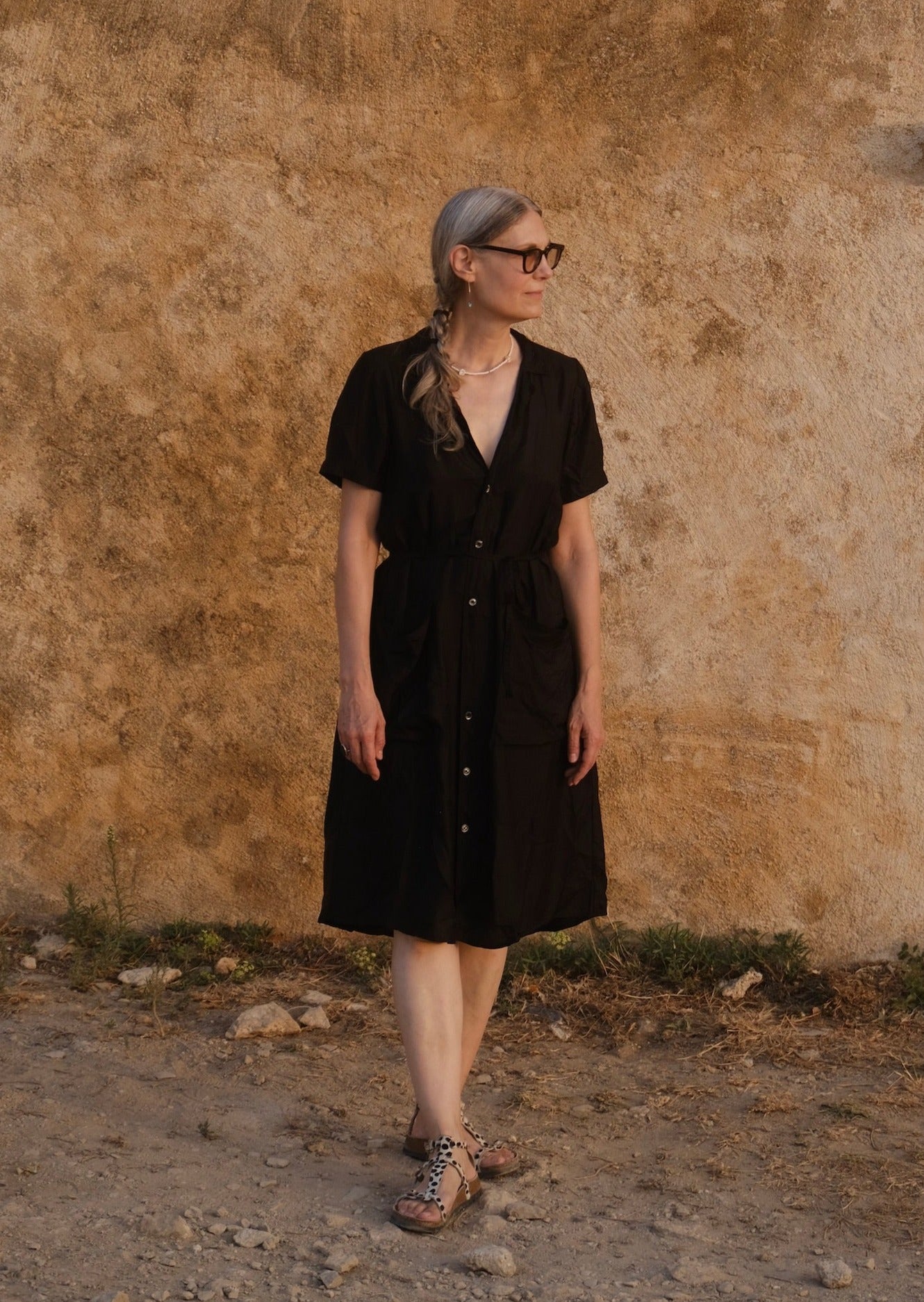 Black Rayon Twill Short Sleeve Shirtdress on model