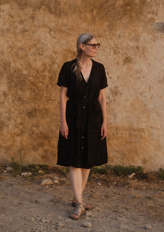 Black Rayon Twill Short Sleeve Shirtdress on model