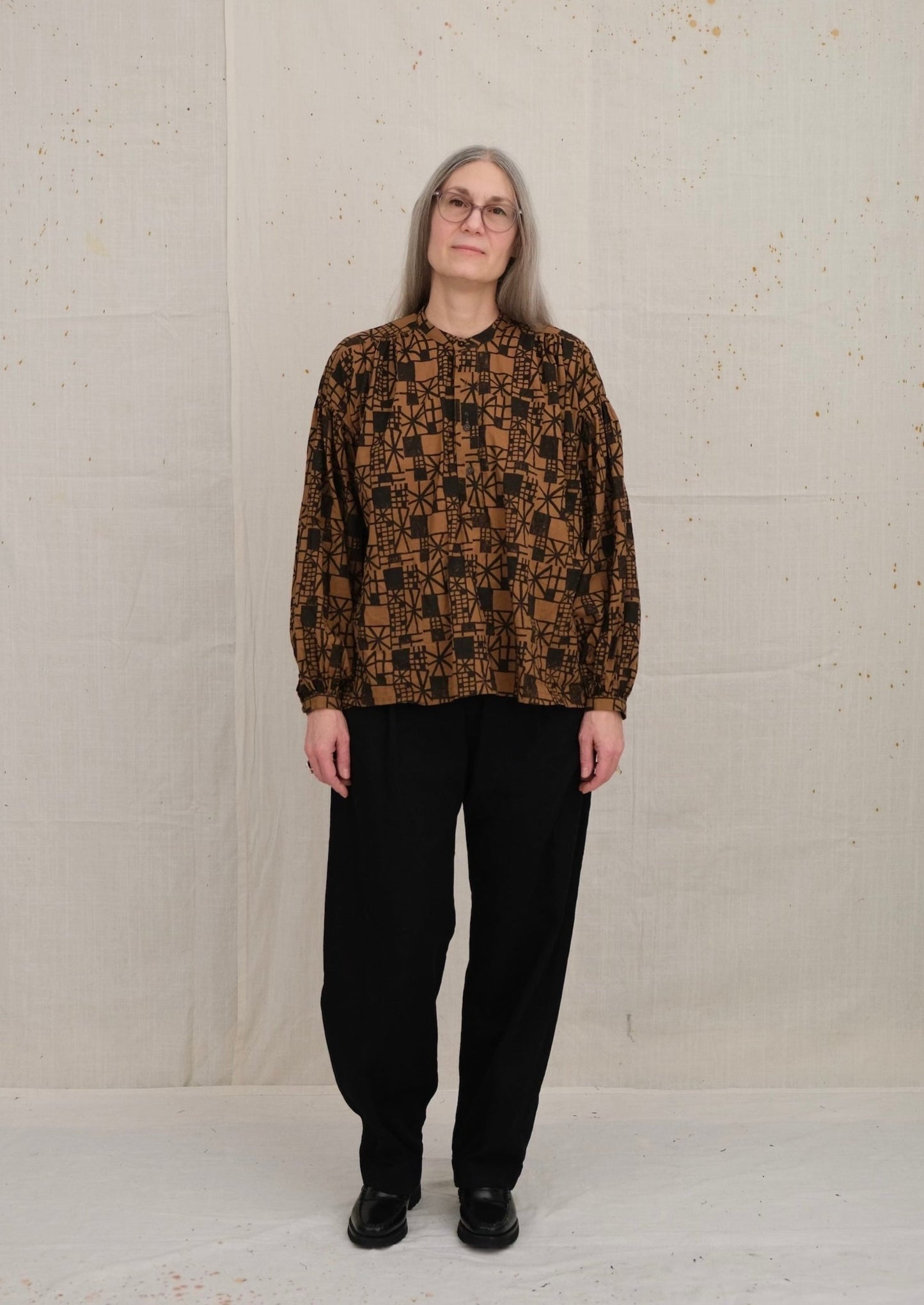 Ginger Geo Block print Peasant Blouse Untucked