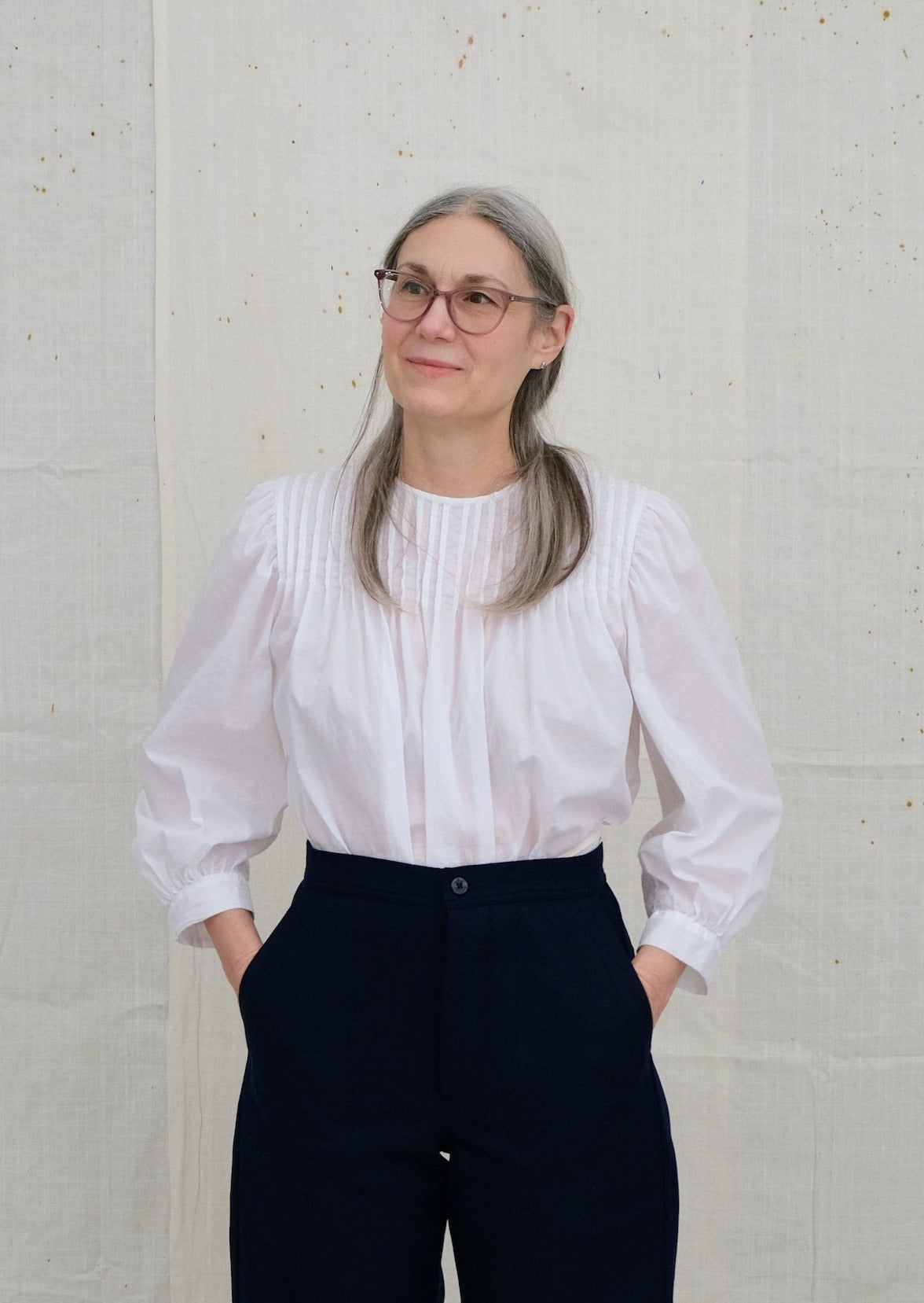 White Pintuck Blouse on model