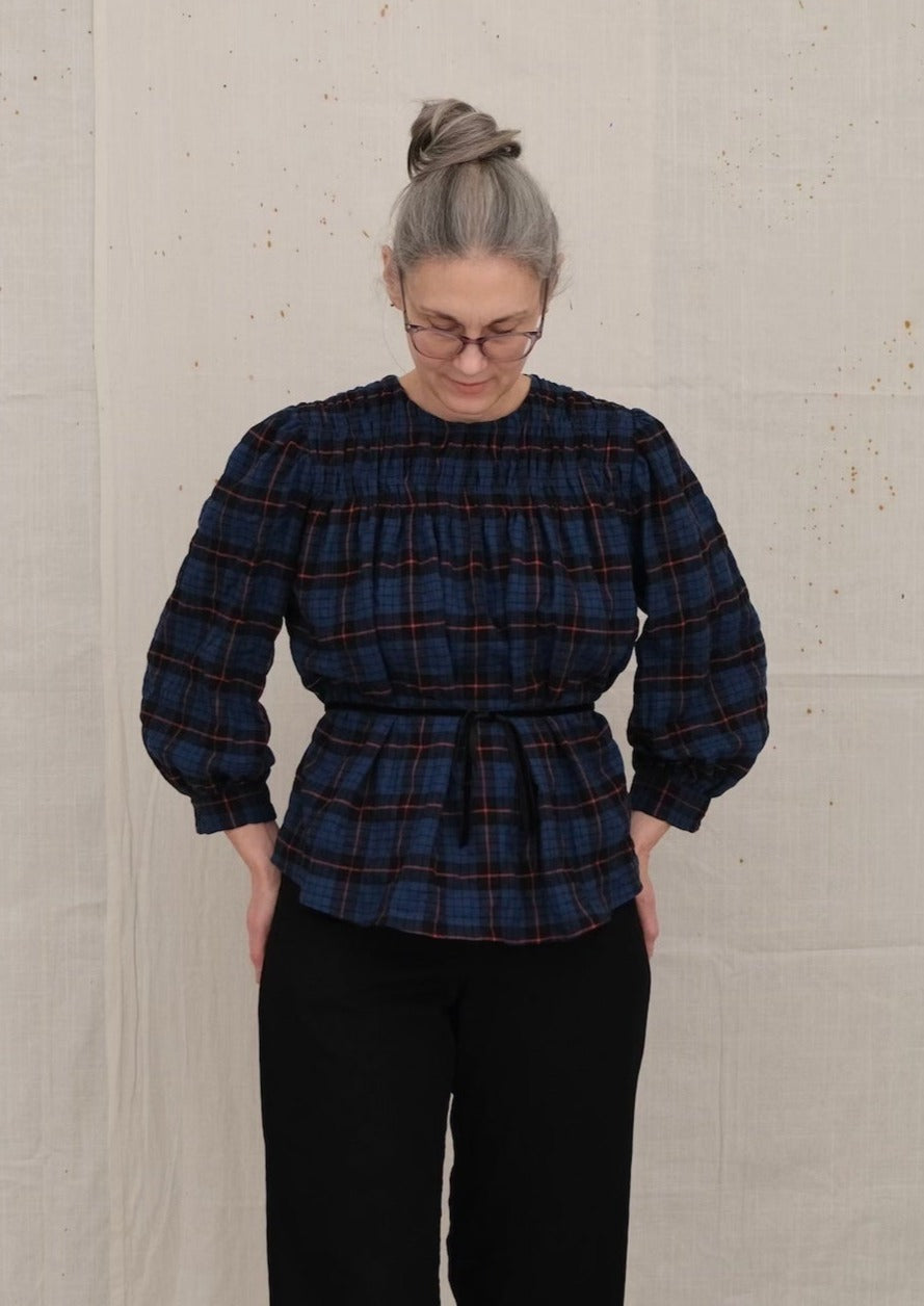 Shirred Plaid Blouse, front