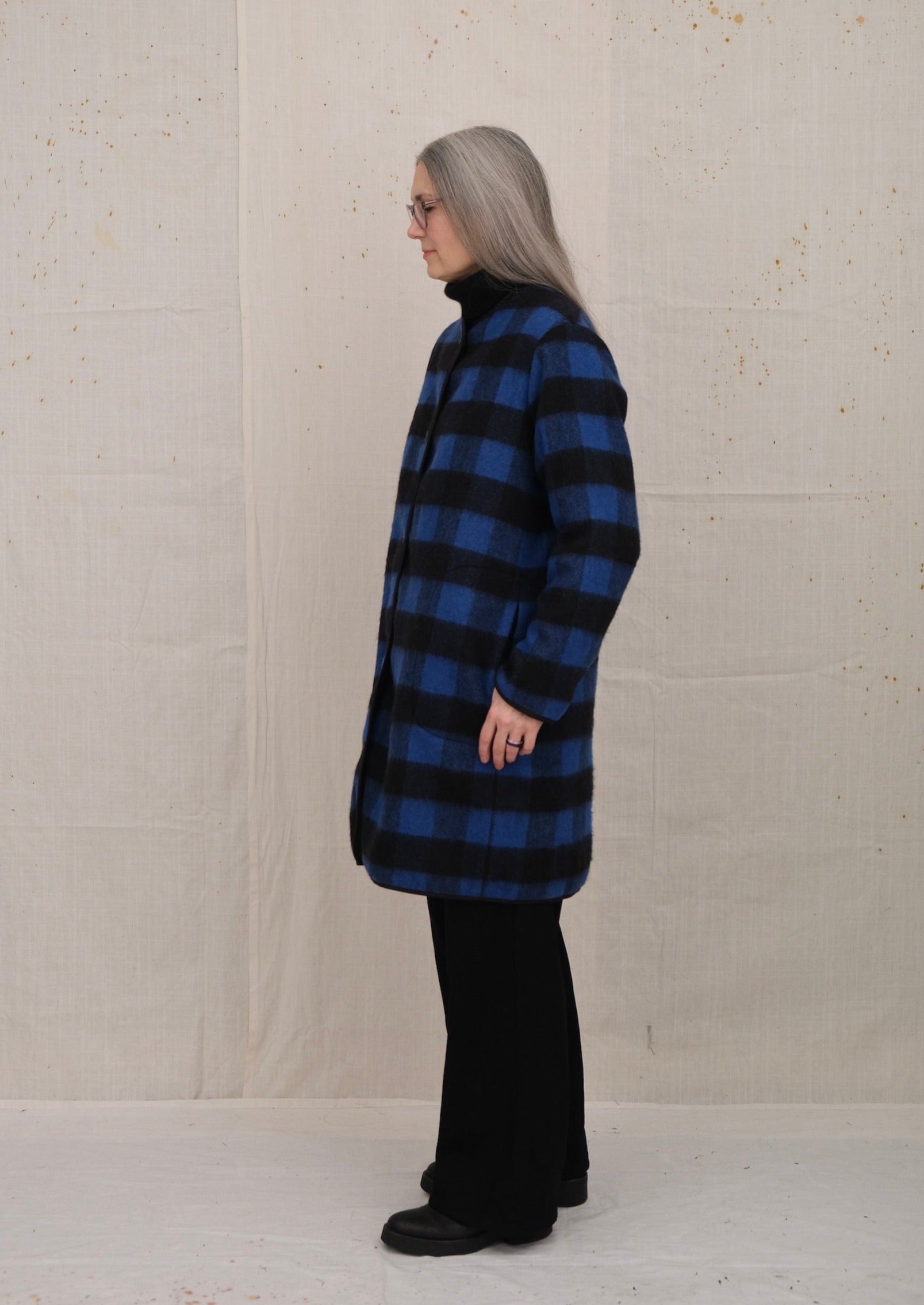 buffalo plaid liner coat on model side view