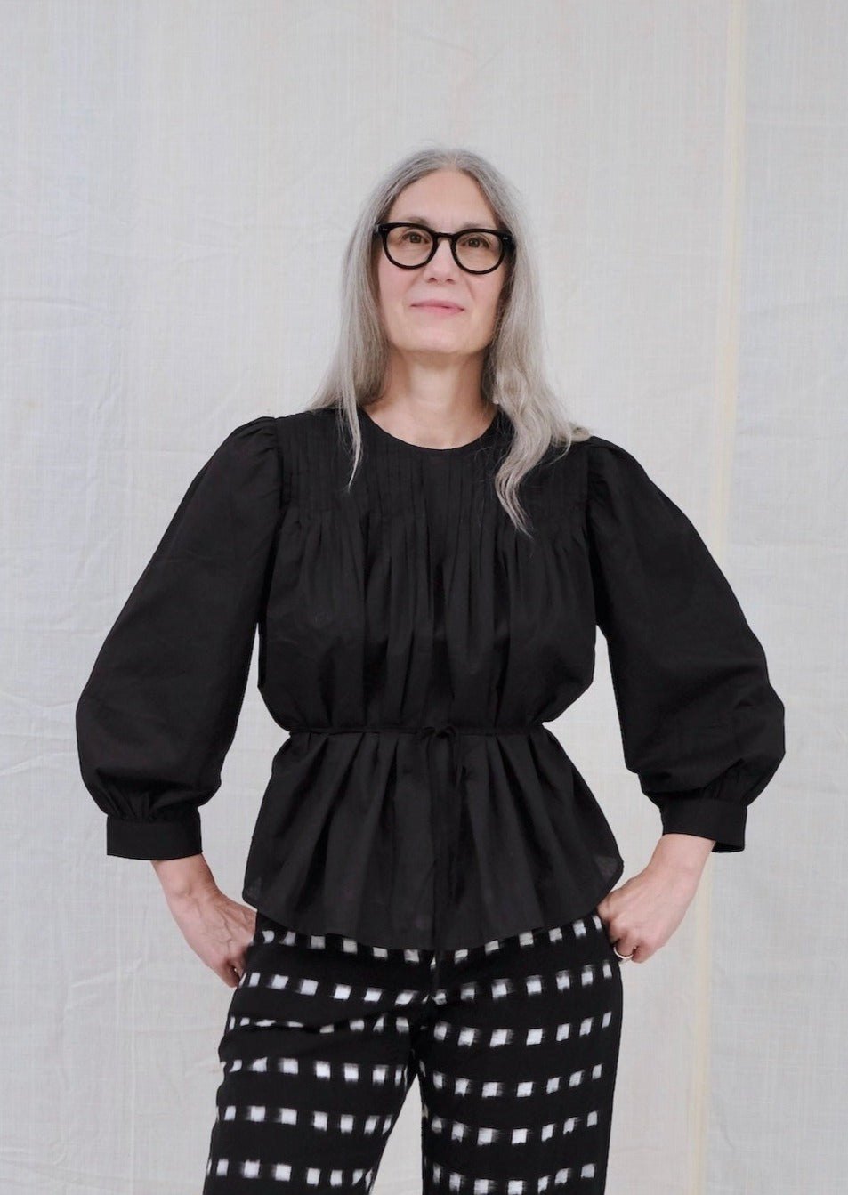 pintuck blouse black batiste on model