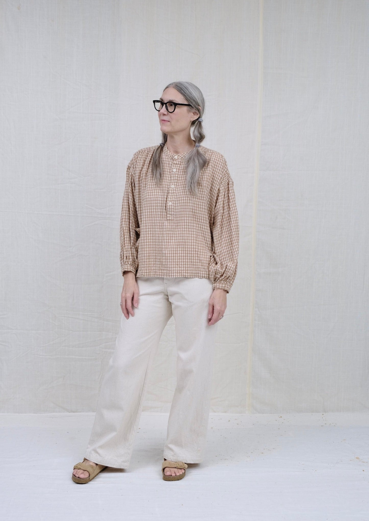 ecru khadi twill long sailor pant on model