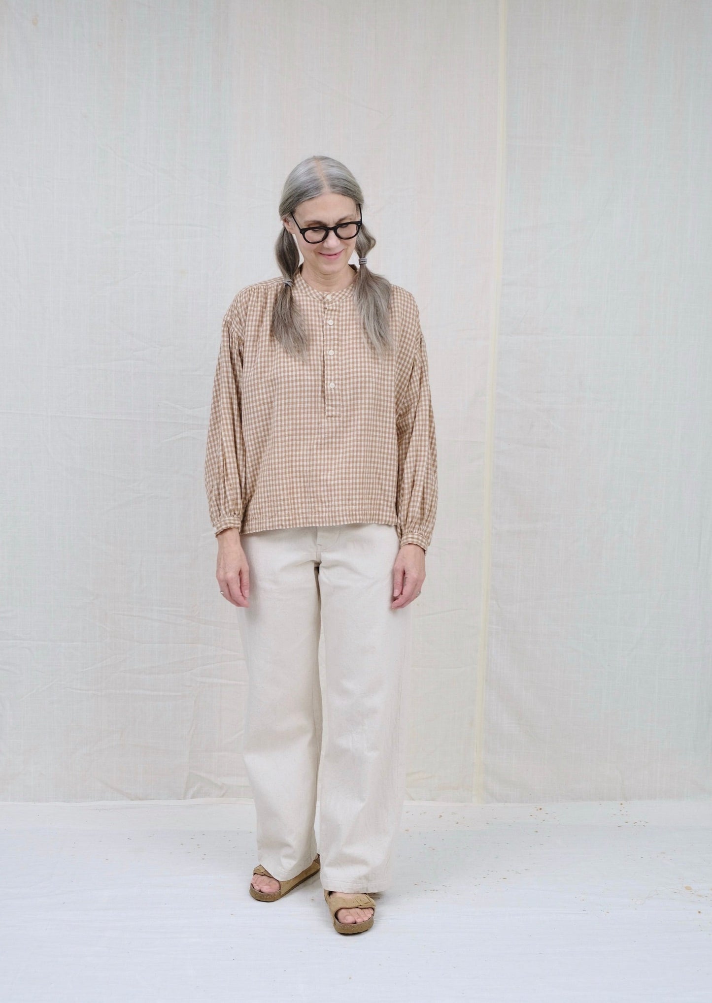 ecru khadi twill long sailor pant on model