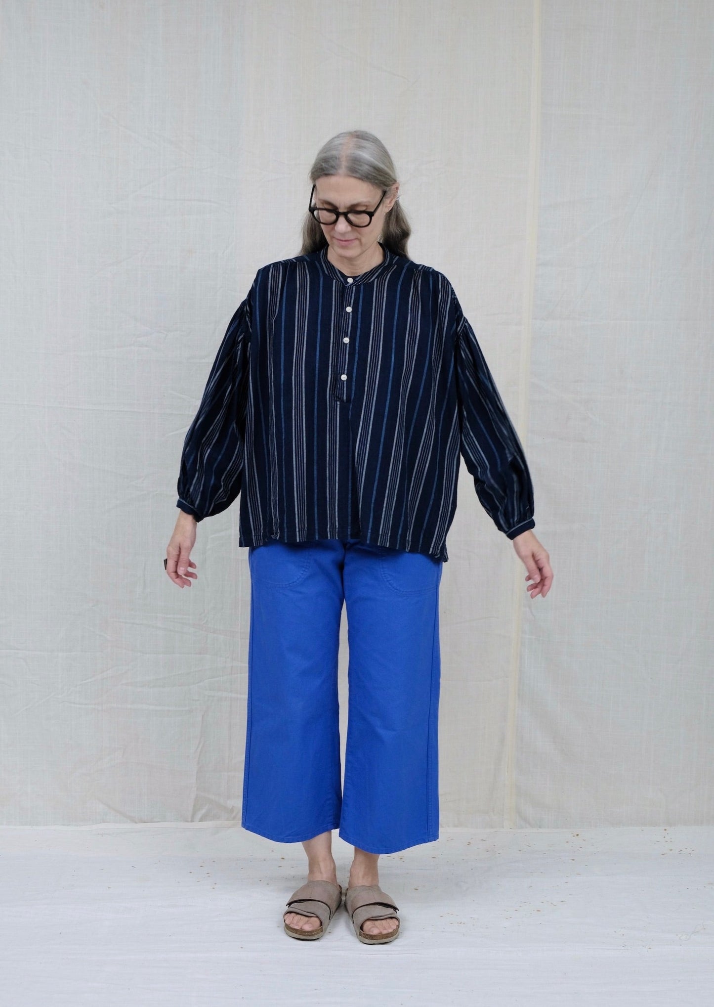 Peasant Blouse Indigo Awning Stripe on model