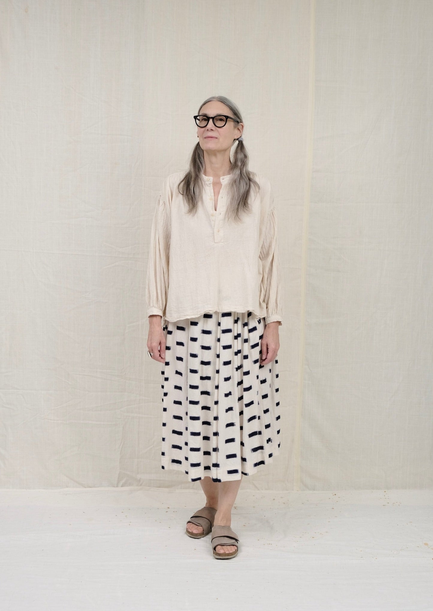 Belle Skirt, Indigo Brick Ikat on model