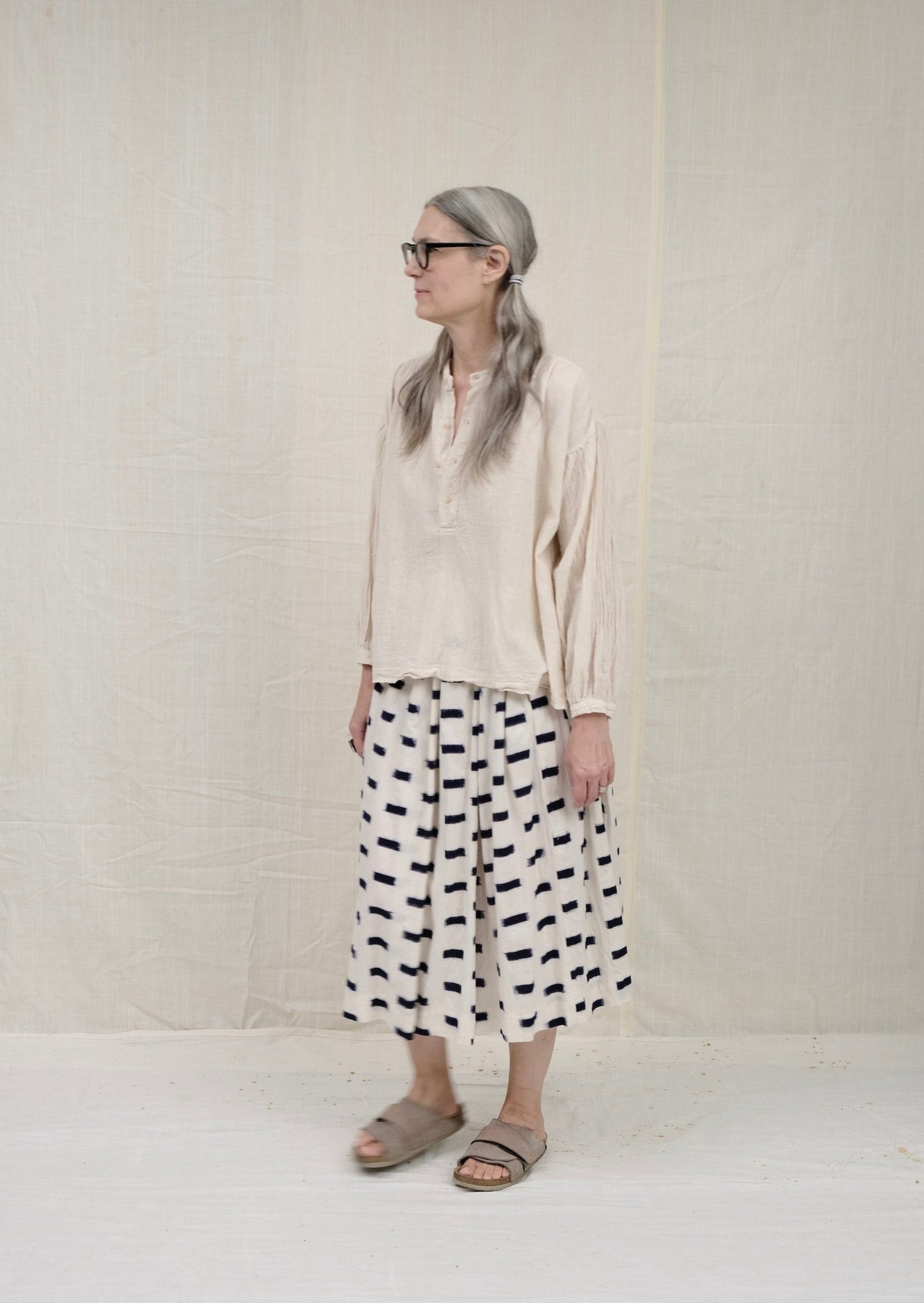 Belle Skirt, Indigo Brick Ikat on model