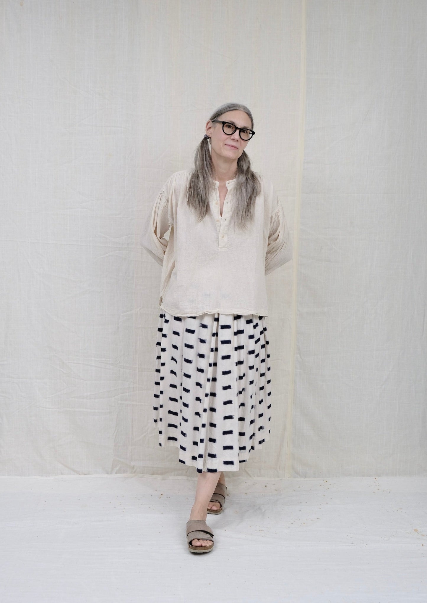 Belle Skirt, Indigo Brick Ikat on model