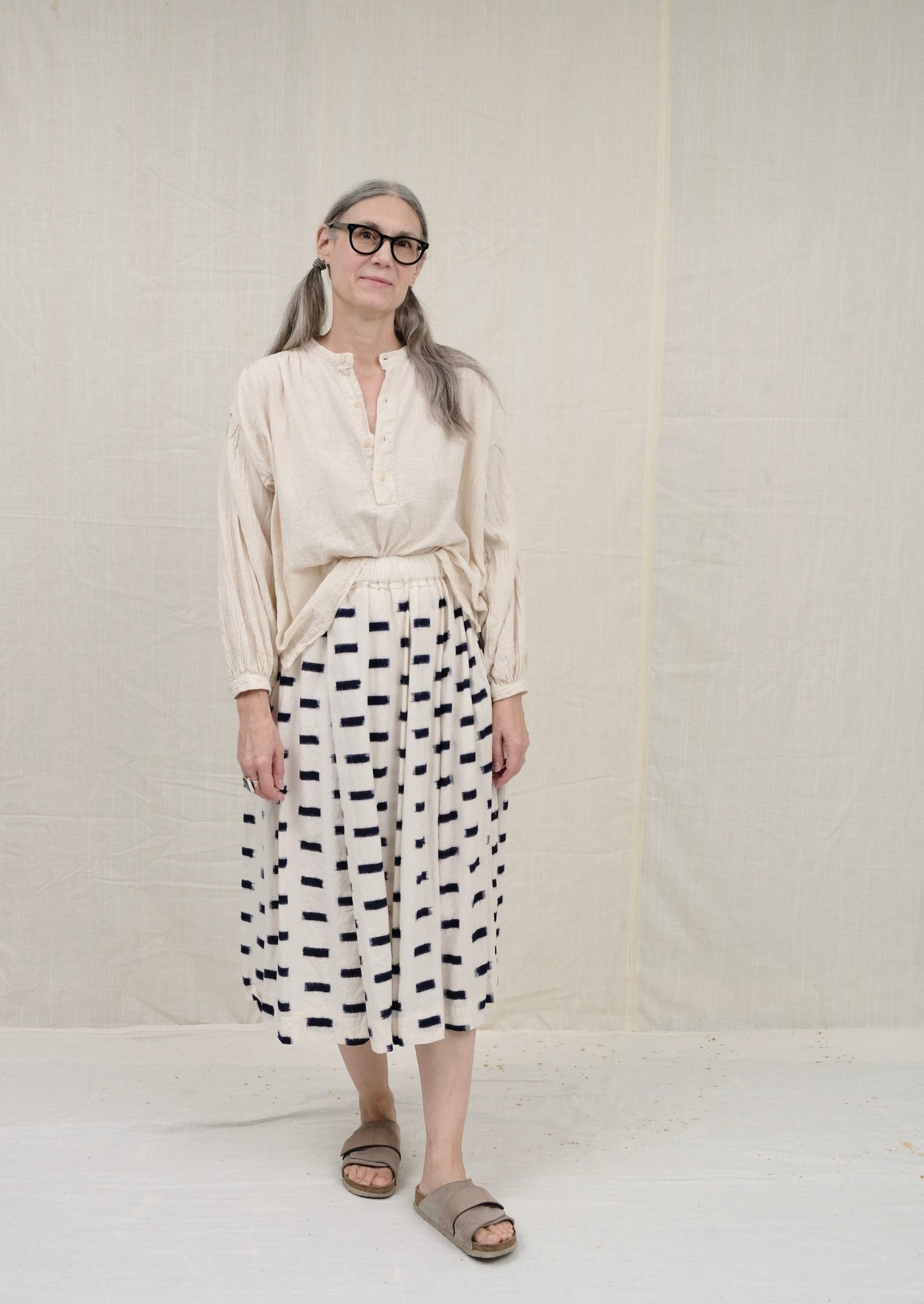 Belle Skirt, Indigo Brick Ikat on model