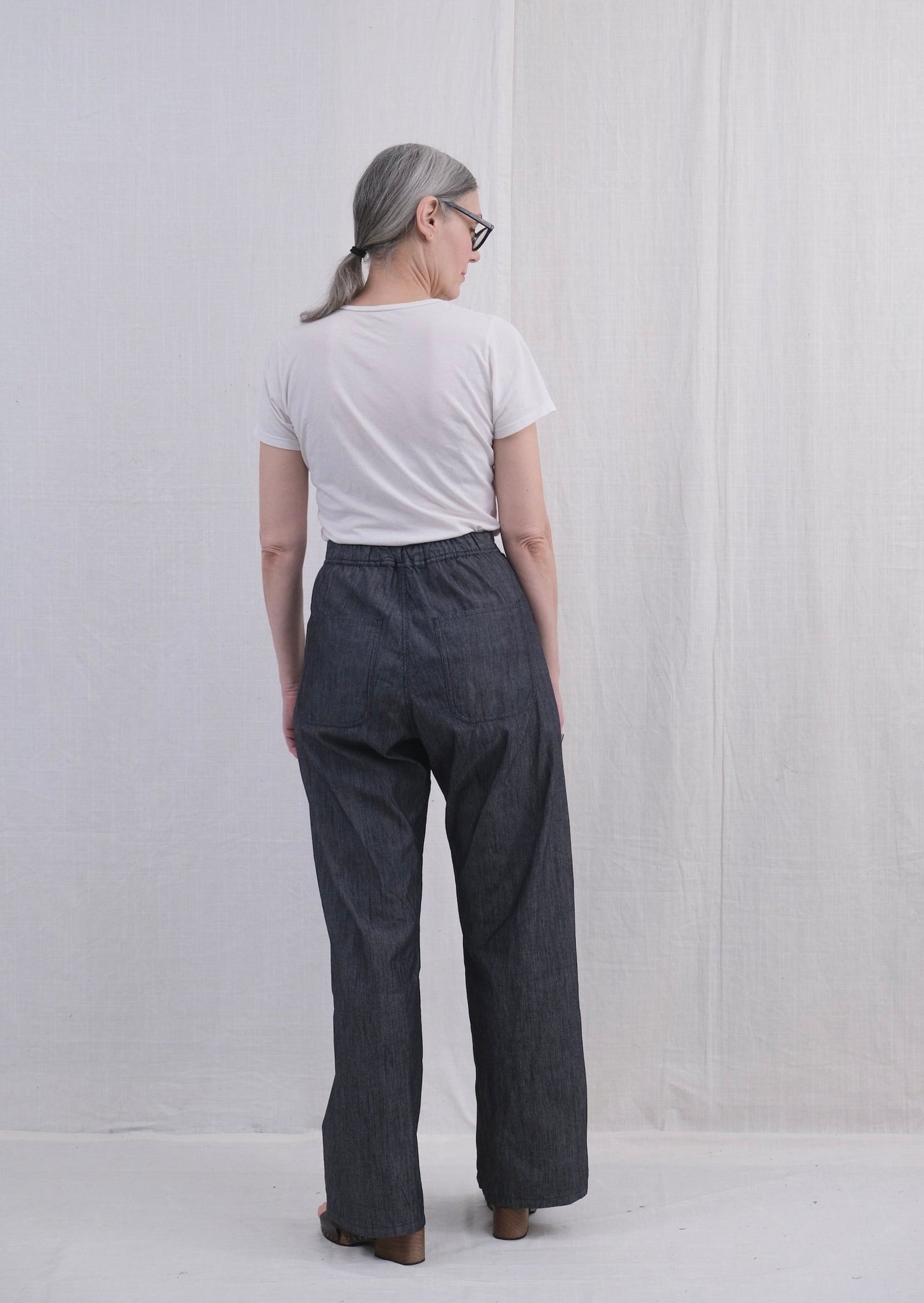 Lazy Sailor pant indigo mini stripe on model with elastic back waistband