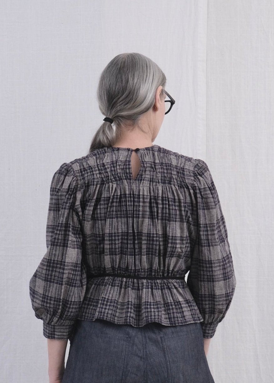 Shirred Blouse Rustic Plaid back view