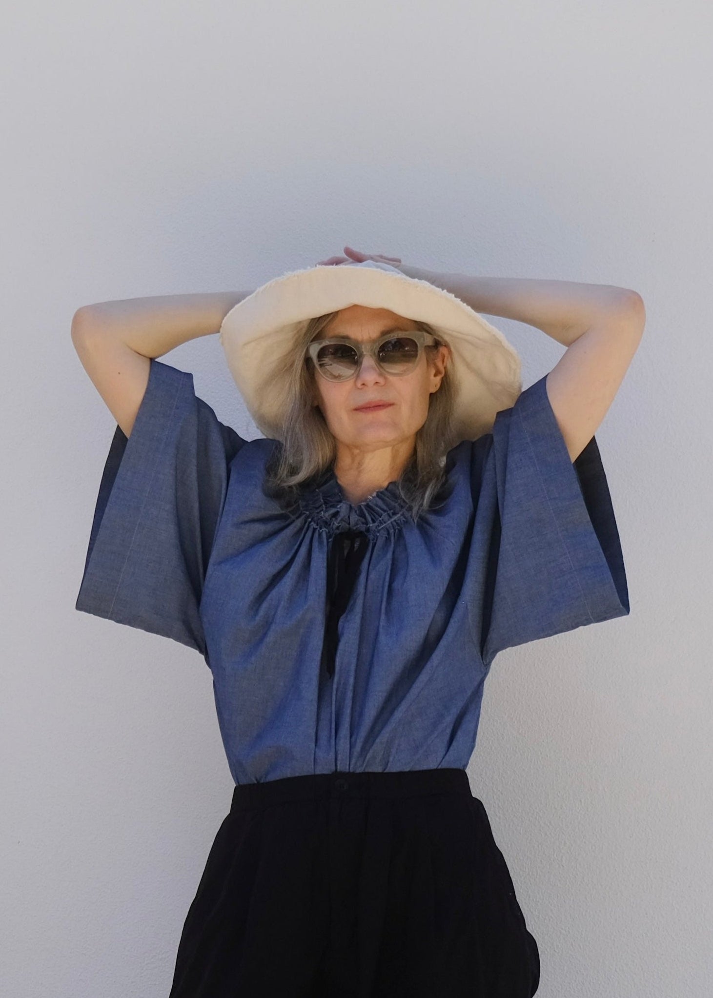 chambray bard blouse with black poplin field cargo and natural duck sunhat