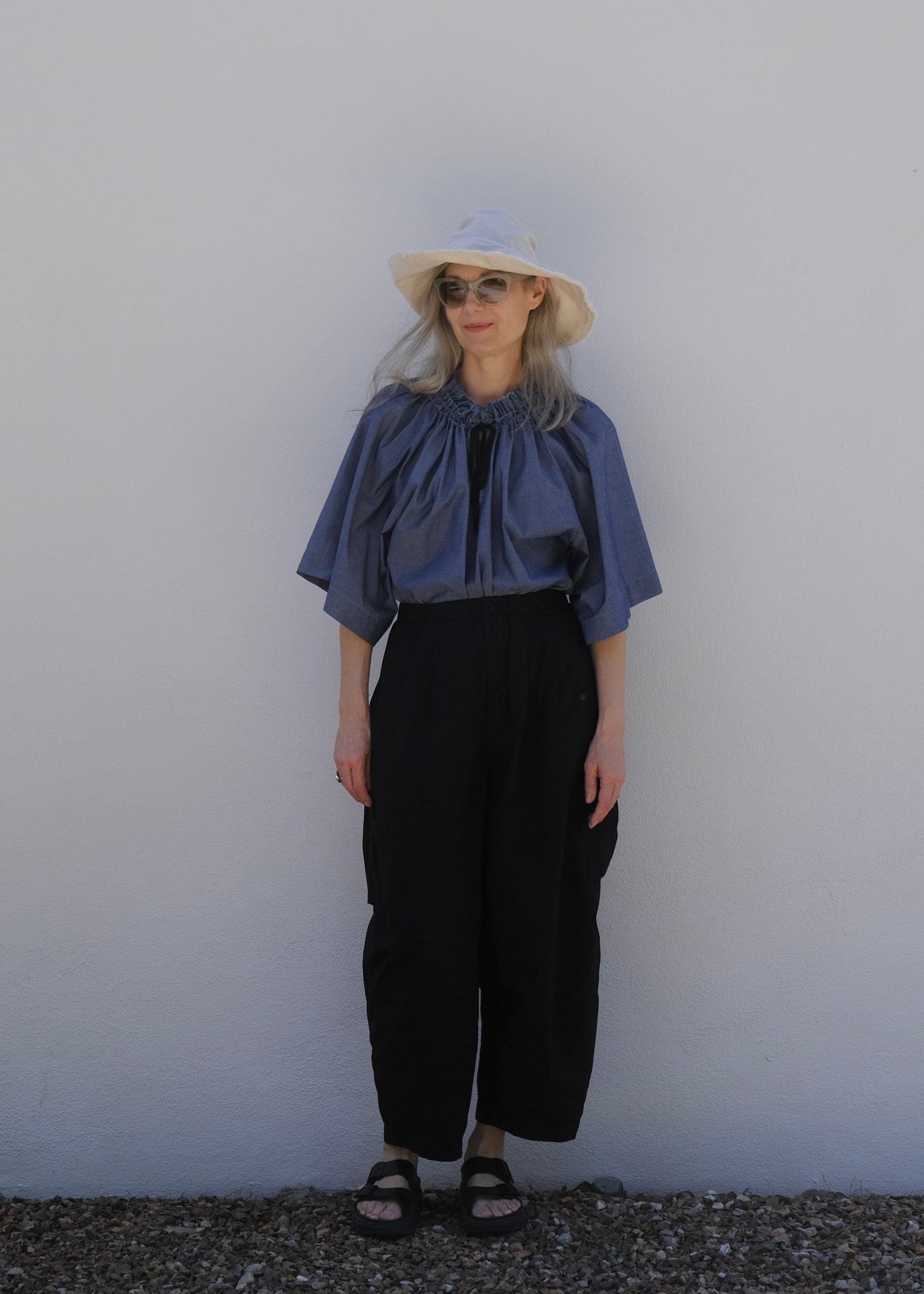 chambray bard blouse with black poplin field cargo and natural duck sunhat