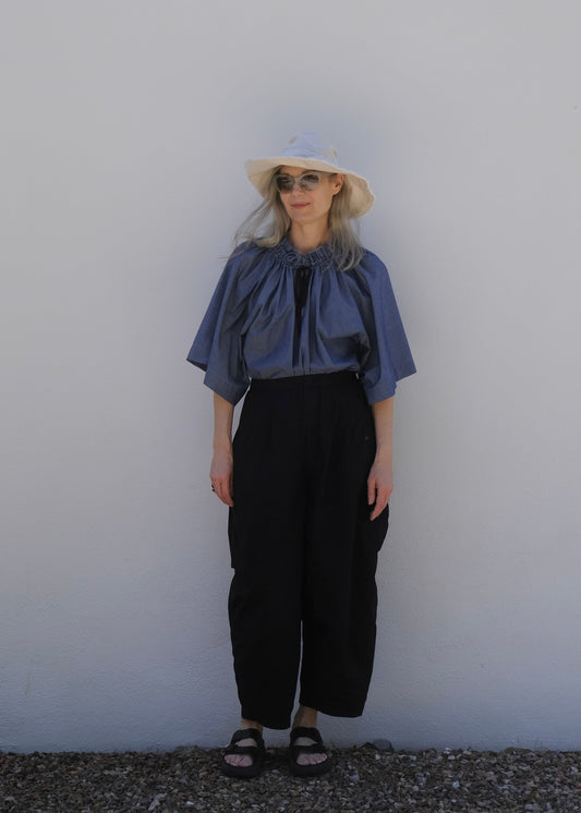 chambray bard blouse with black poplin field cargo and natural duck sunhat
