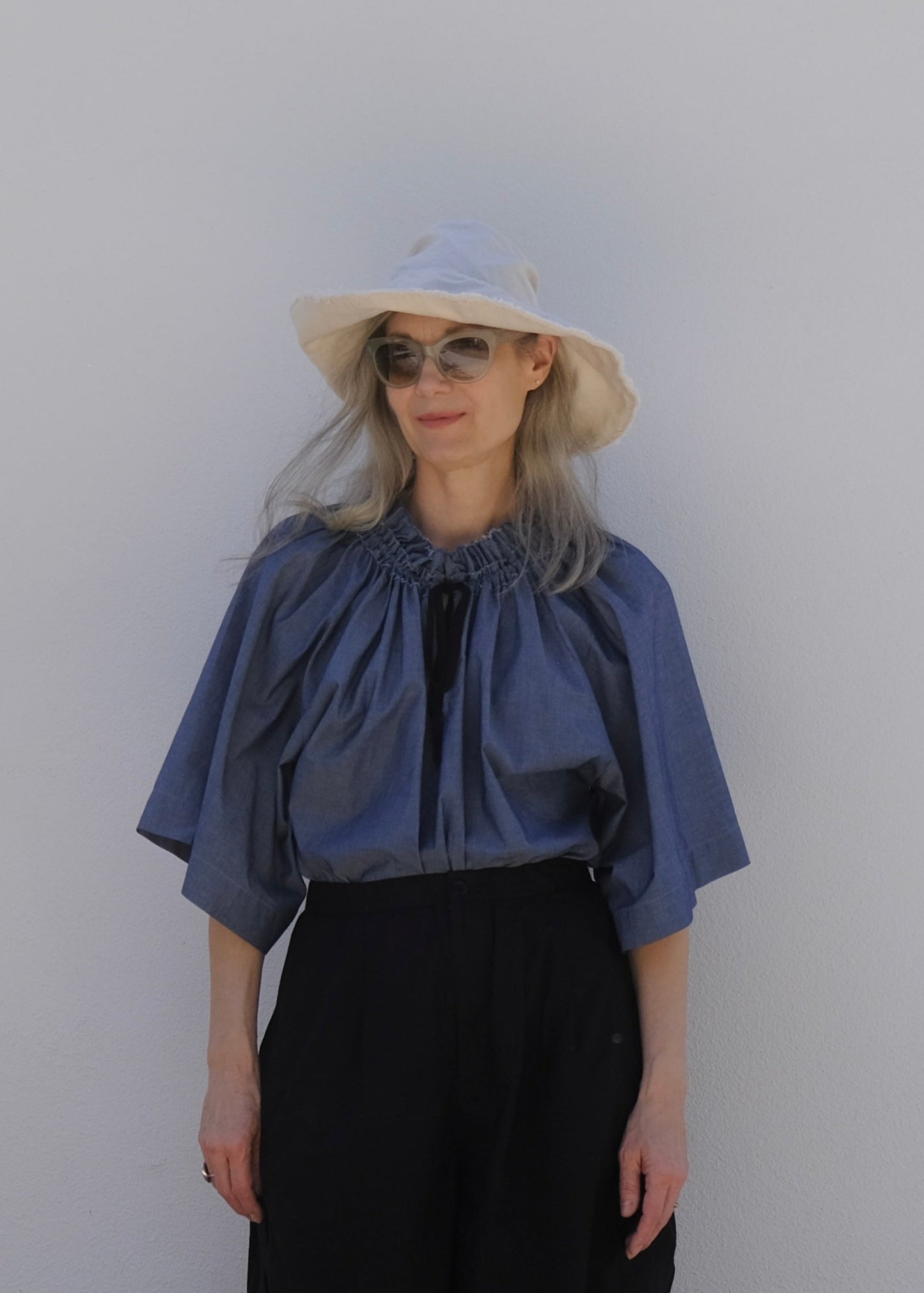 chambray bard blouse with black poplin field cargo and natural duck sunhat