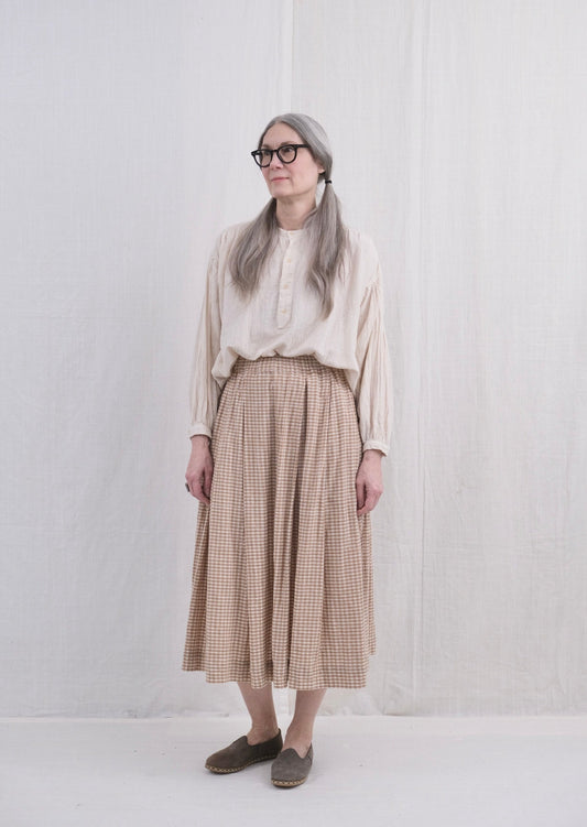 Belle Skirt, brown ginham on model back view