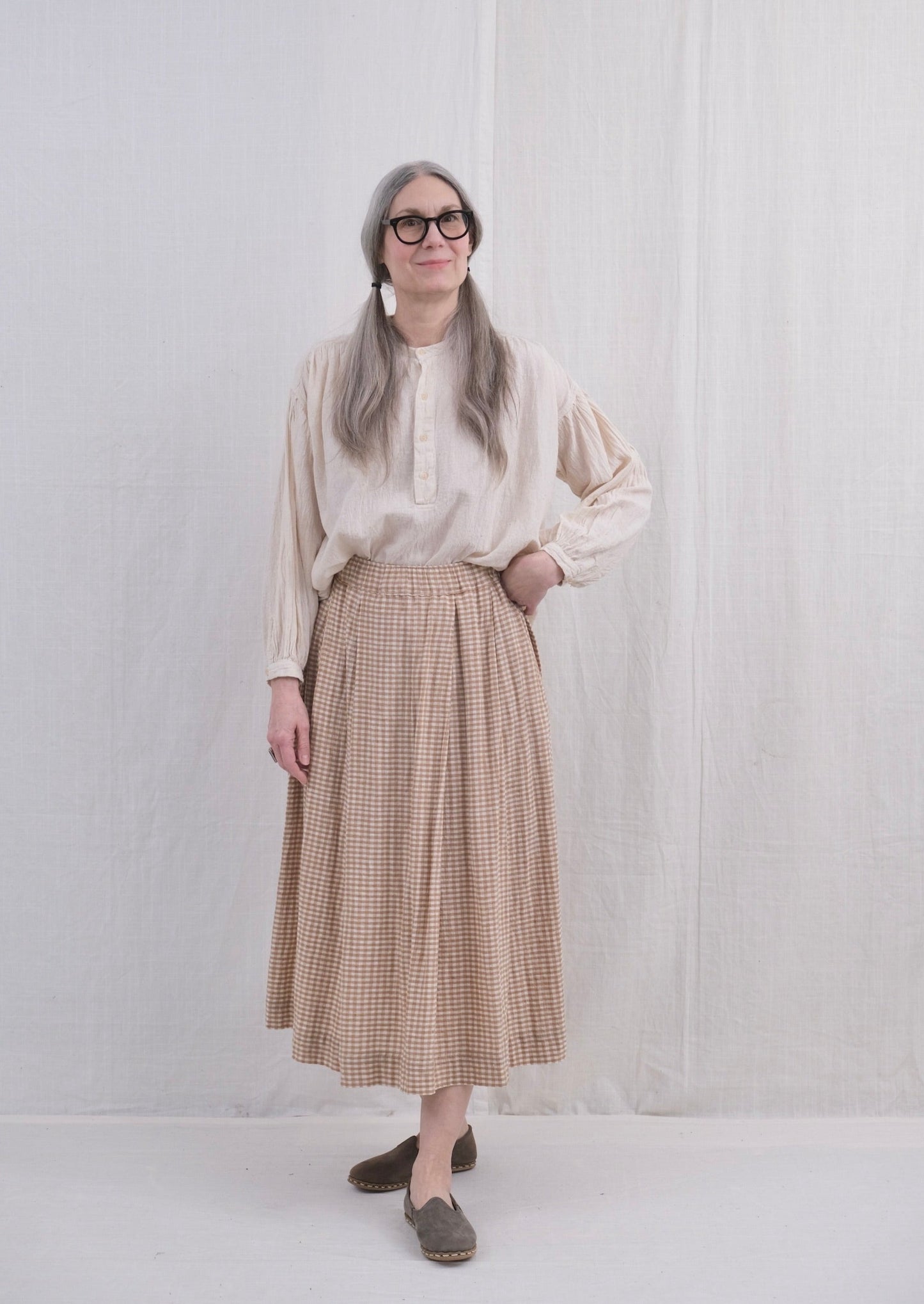 Belle Skirt, brown ginham on model back view