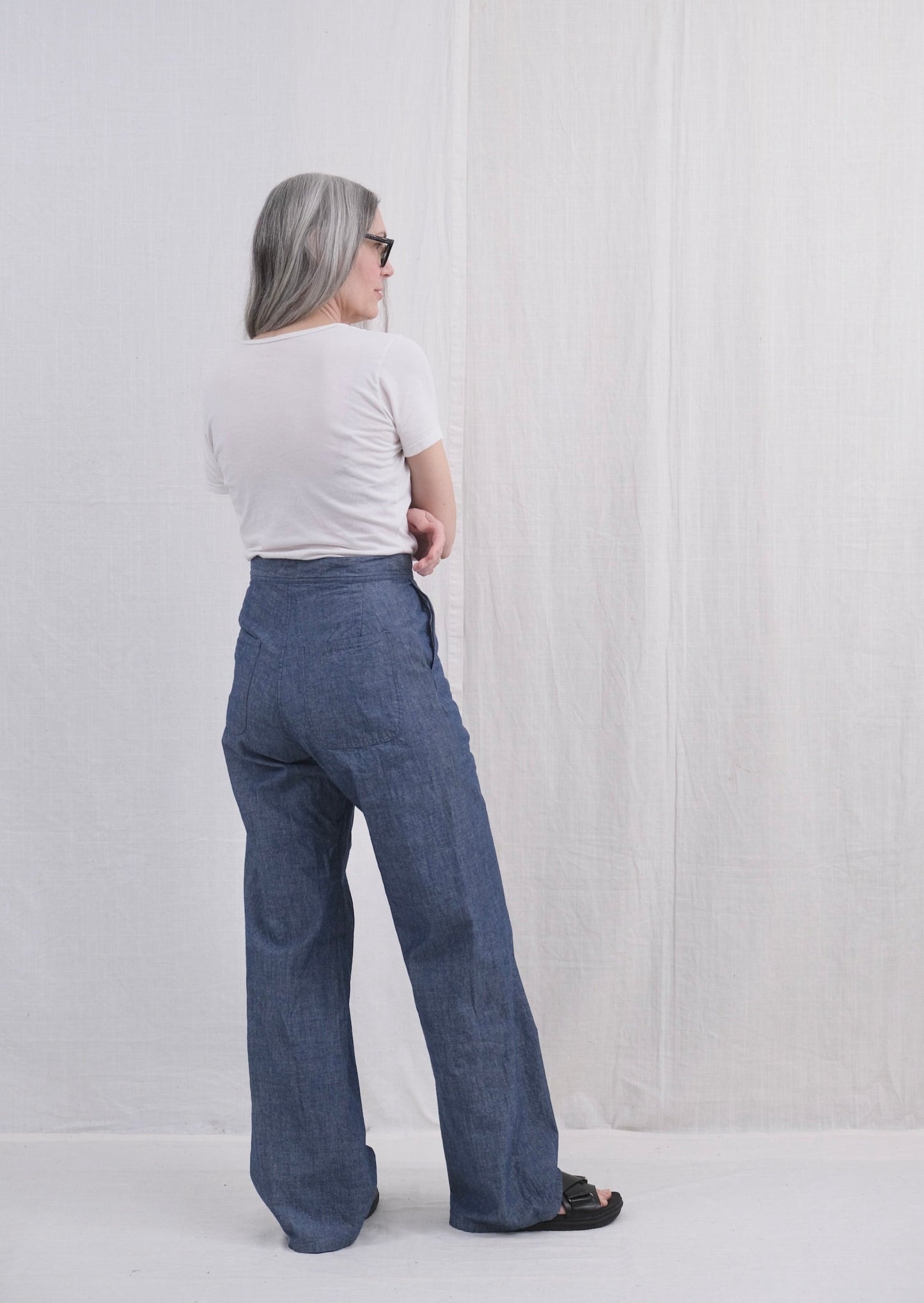 Chambray long sailor pant on model back view