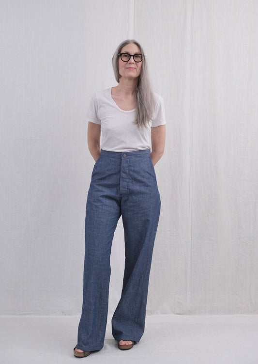 Chambray long sailor pant on model
