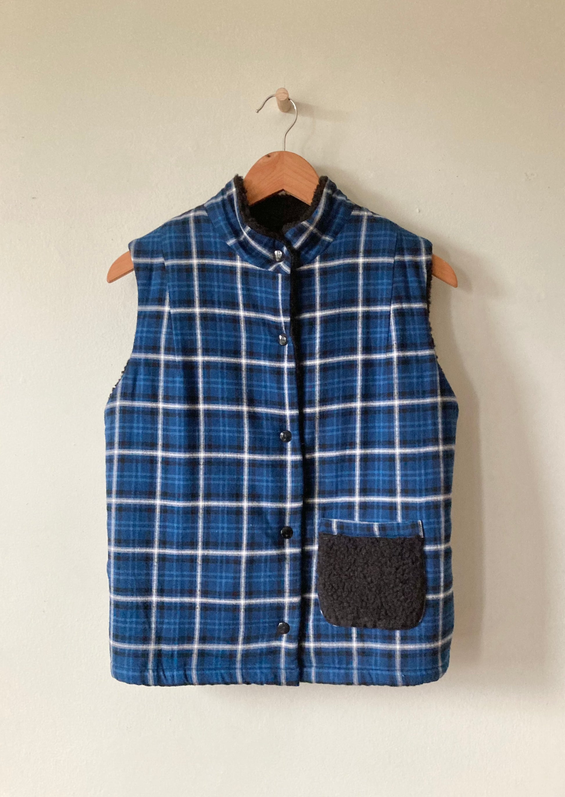 Reversible Sherpa Vest, Blue Plaid