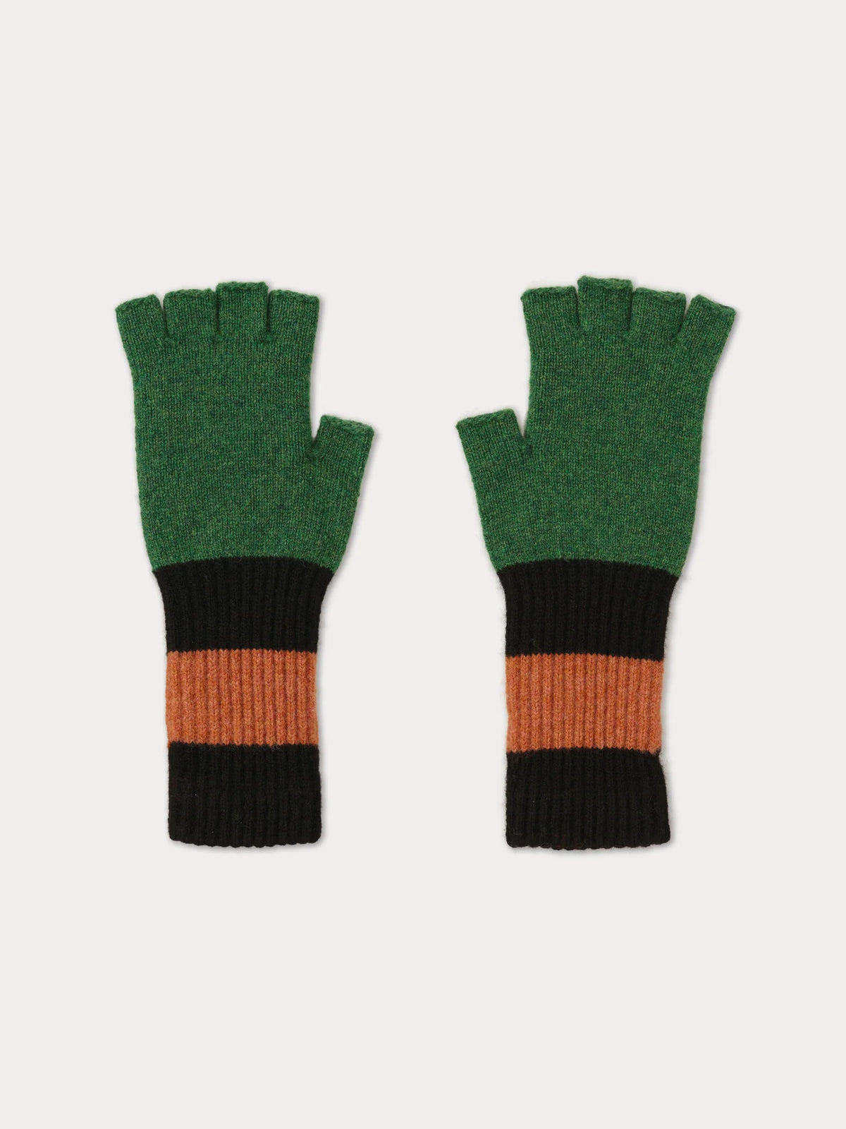 Pair of green and black fingerless gloves with orange accents on a light gray background
