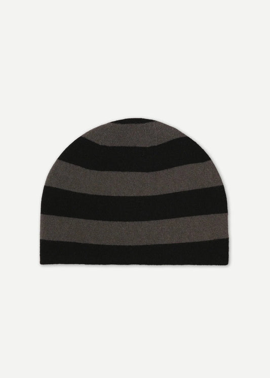 FINE KNIT BOLD STRIPE HAT BLACK & DRILL GREY