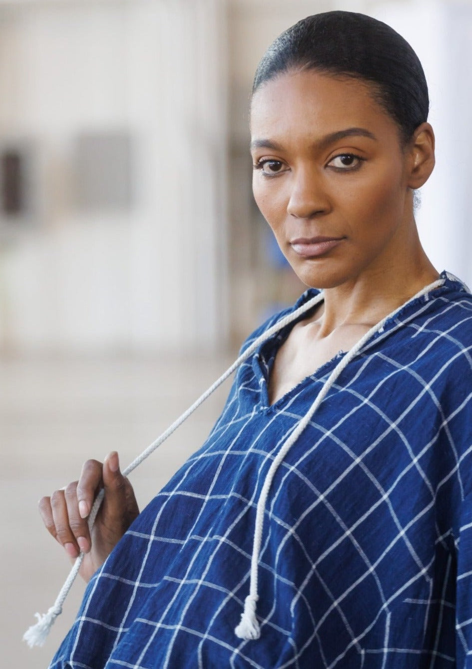 Model in Indigo windowpane dervish