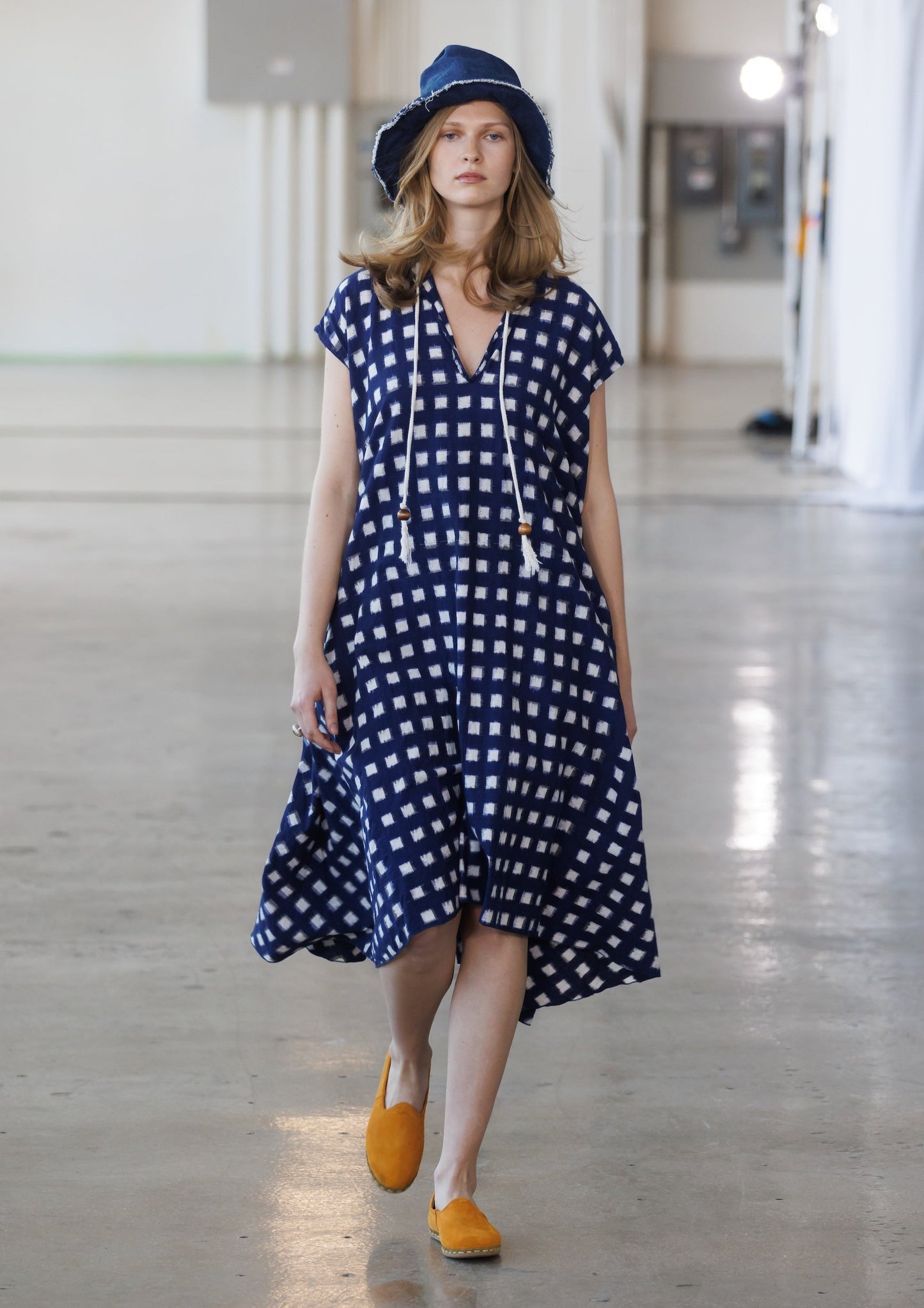 runway model in ikat block dervish dress