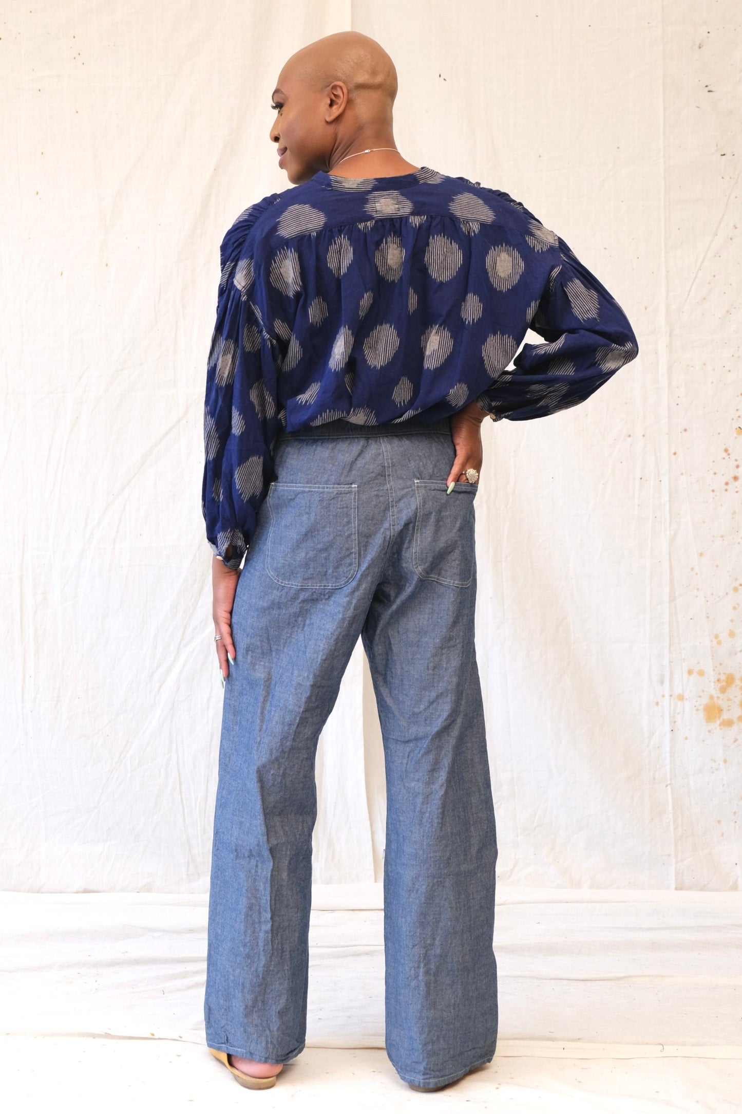 back view indigo chambray lazy sailor pant