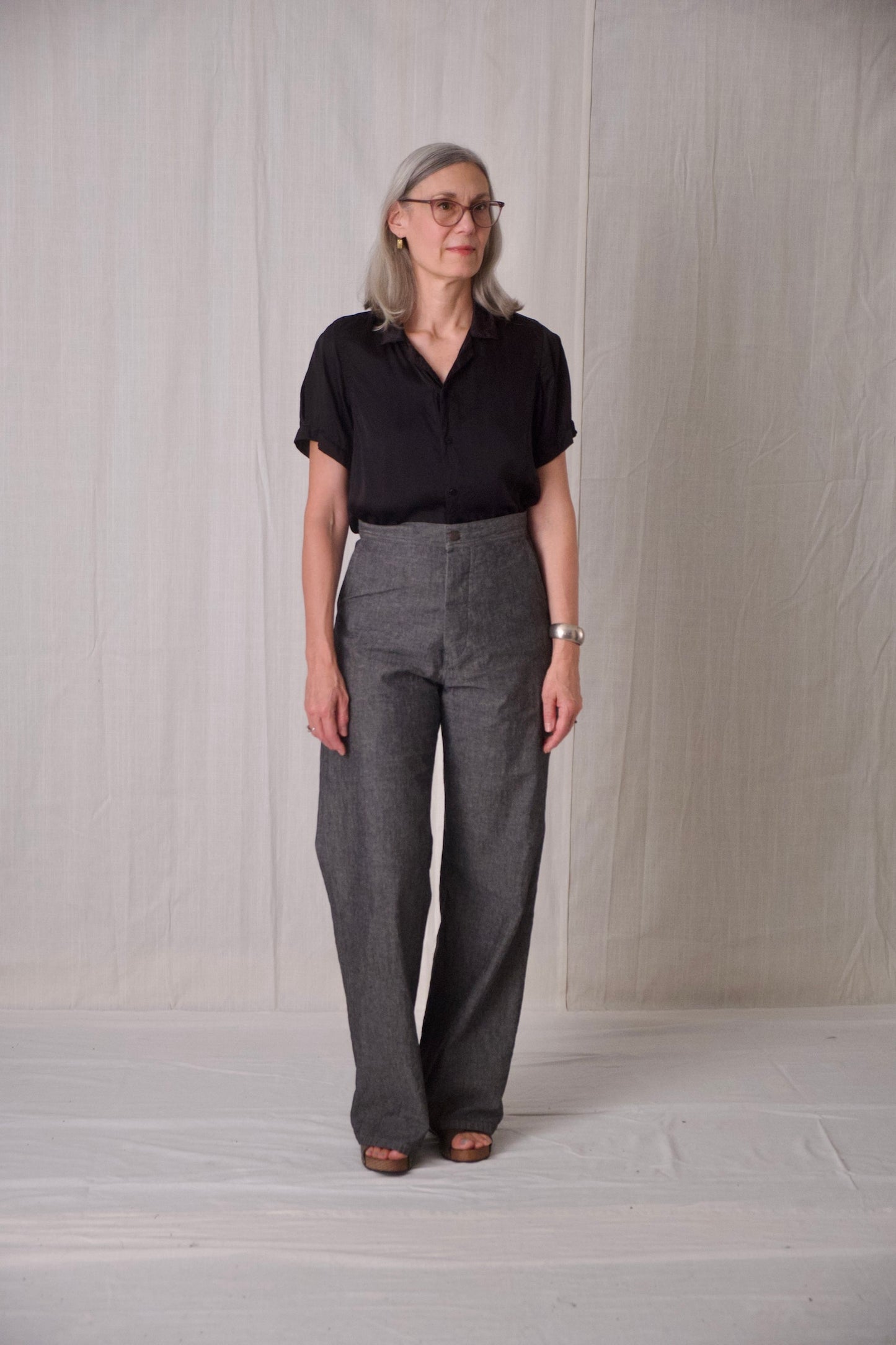 black chambray long sailor pant front