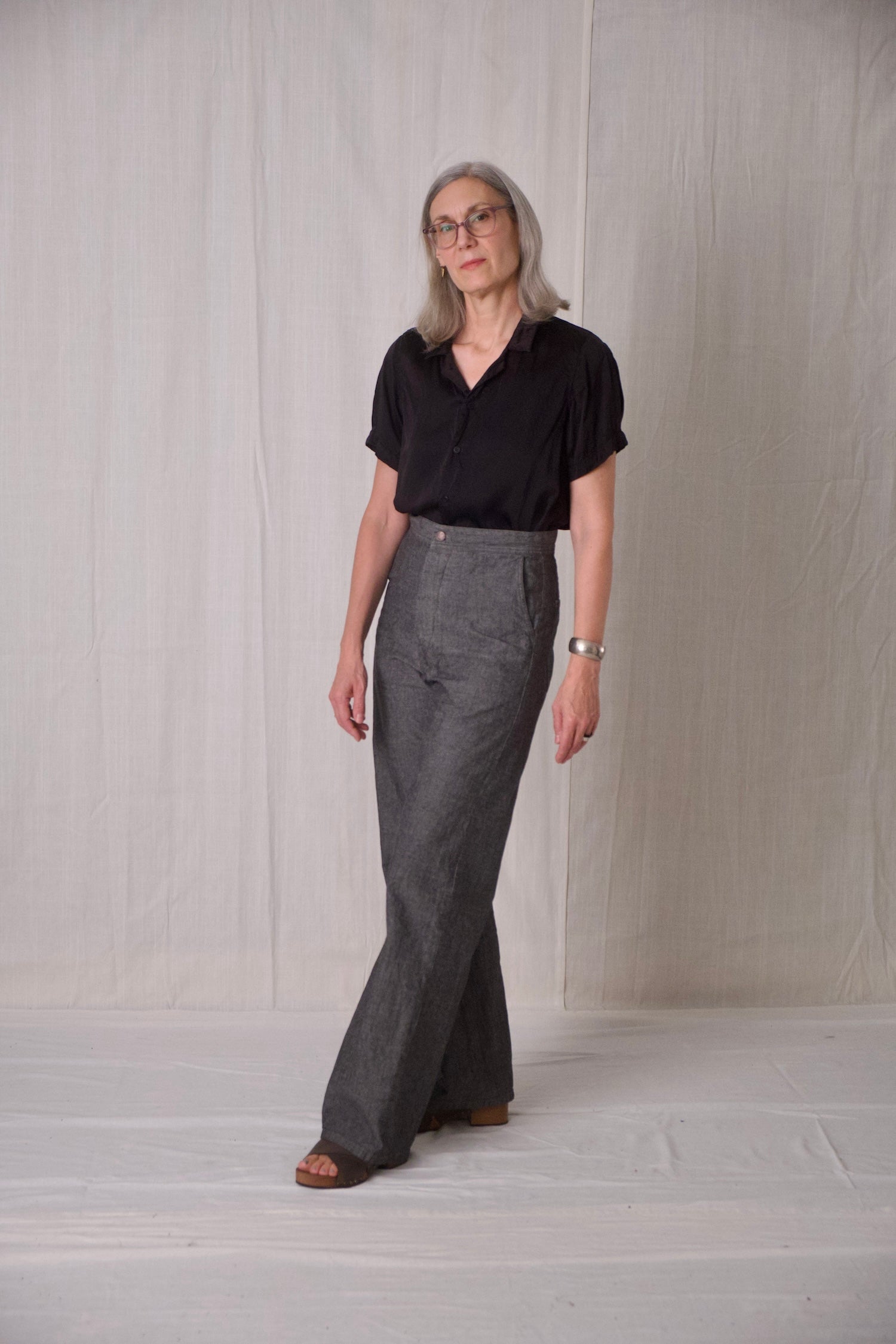 black chambray long sailor pant side