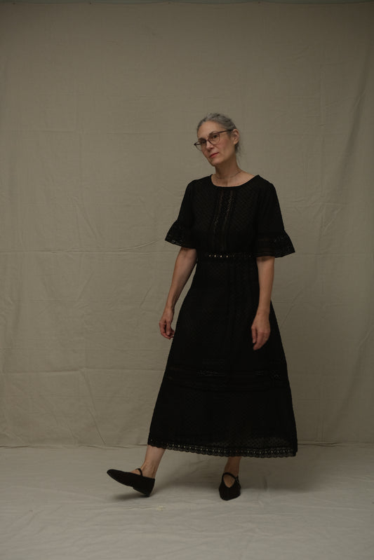 Lace Tea Dress Black Dobby Dot