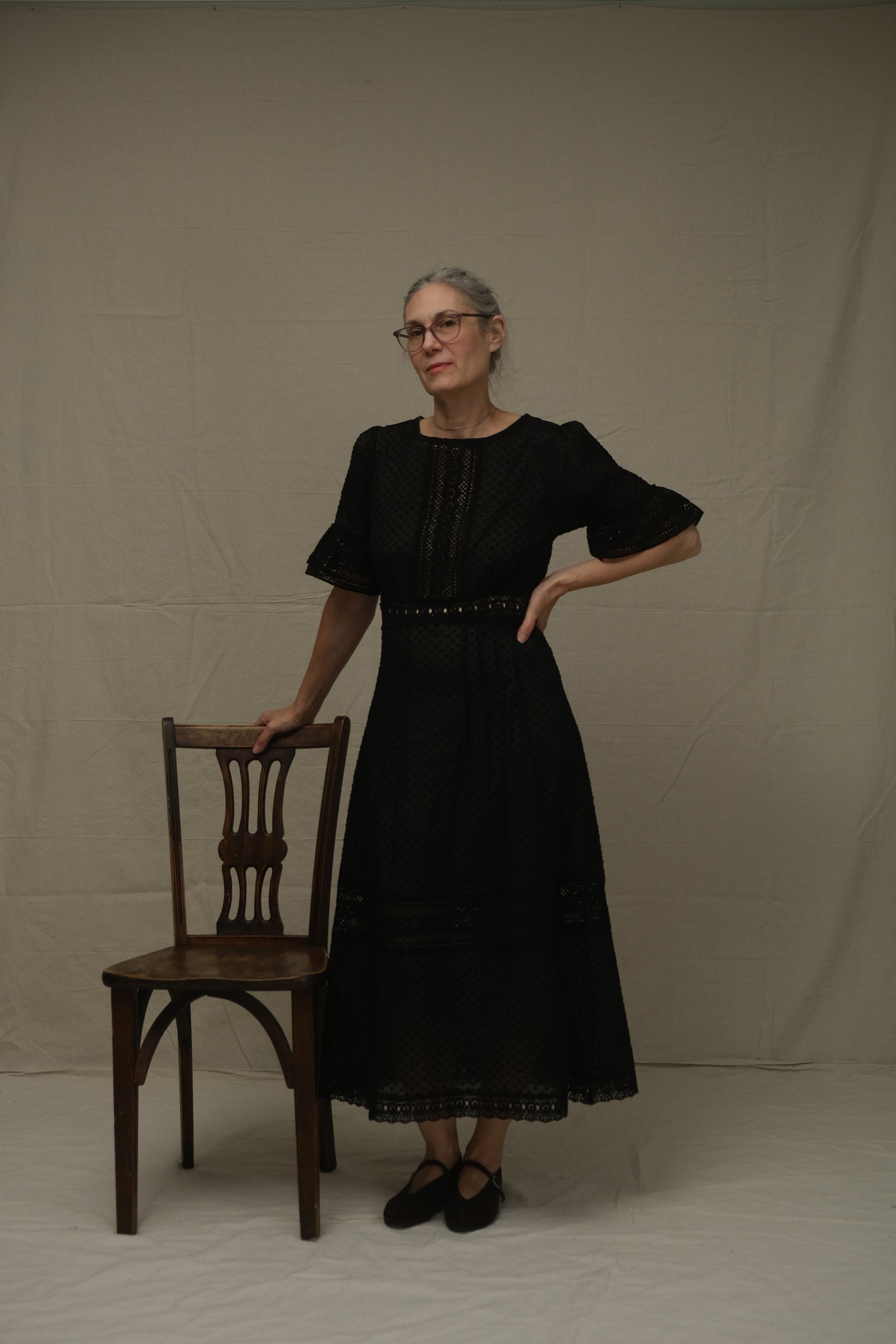 Lace Tea Dress Black Dobby Dot