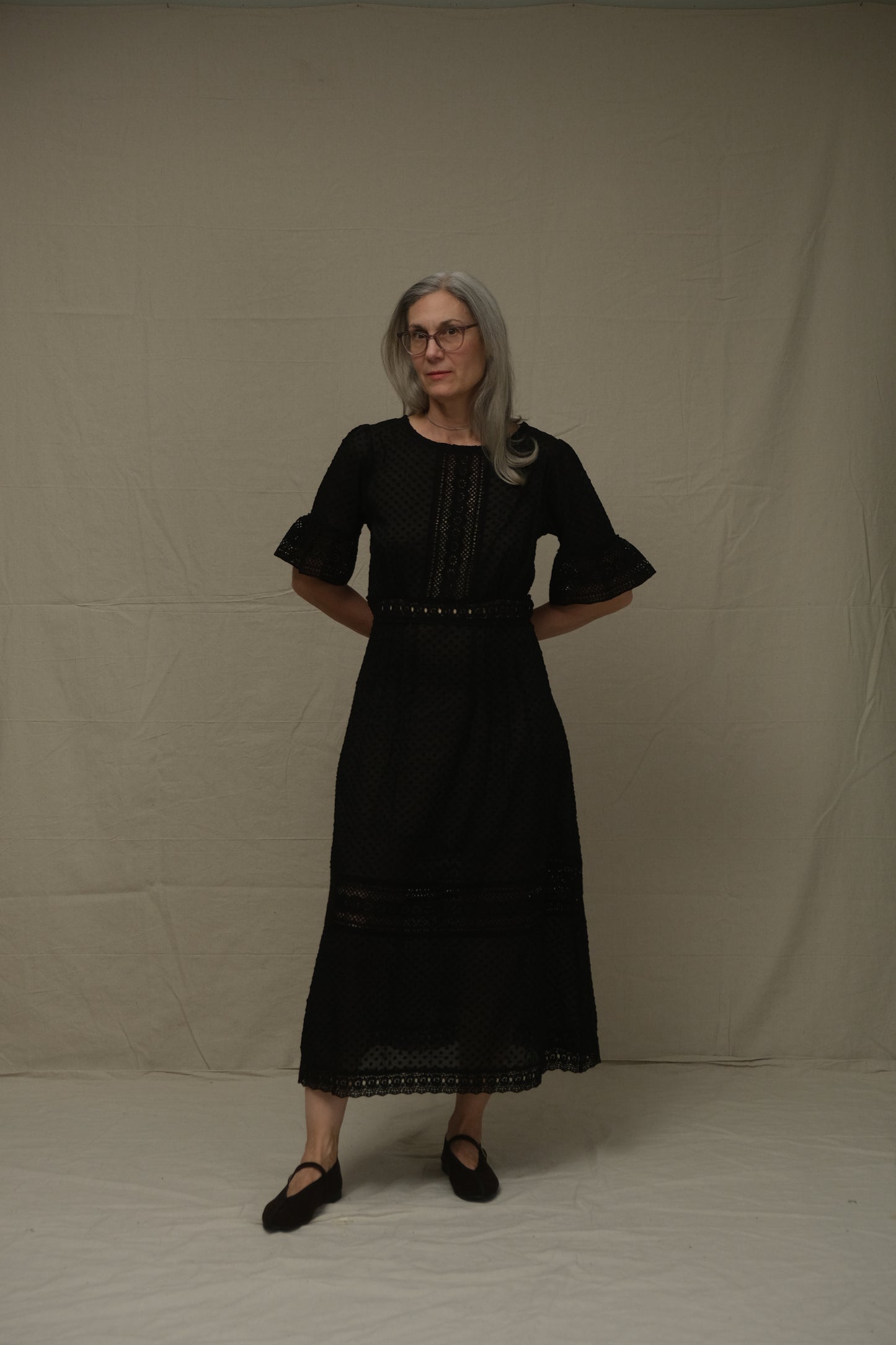 Lace Tea Dress Black Dobby Dot