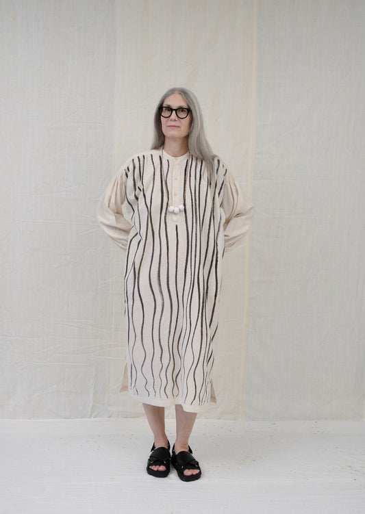 hand-painted popover dress natural khadi on model