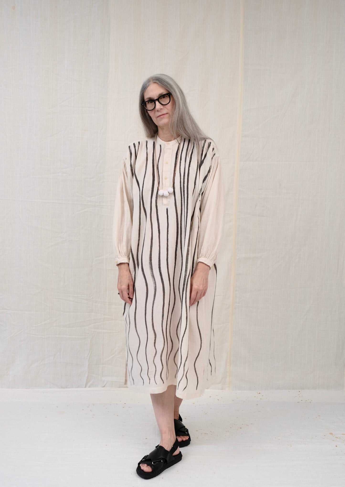hand-painted popover dress natural khadi on model