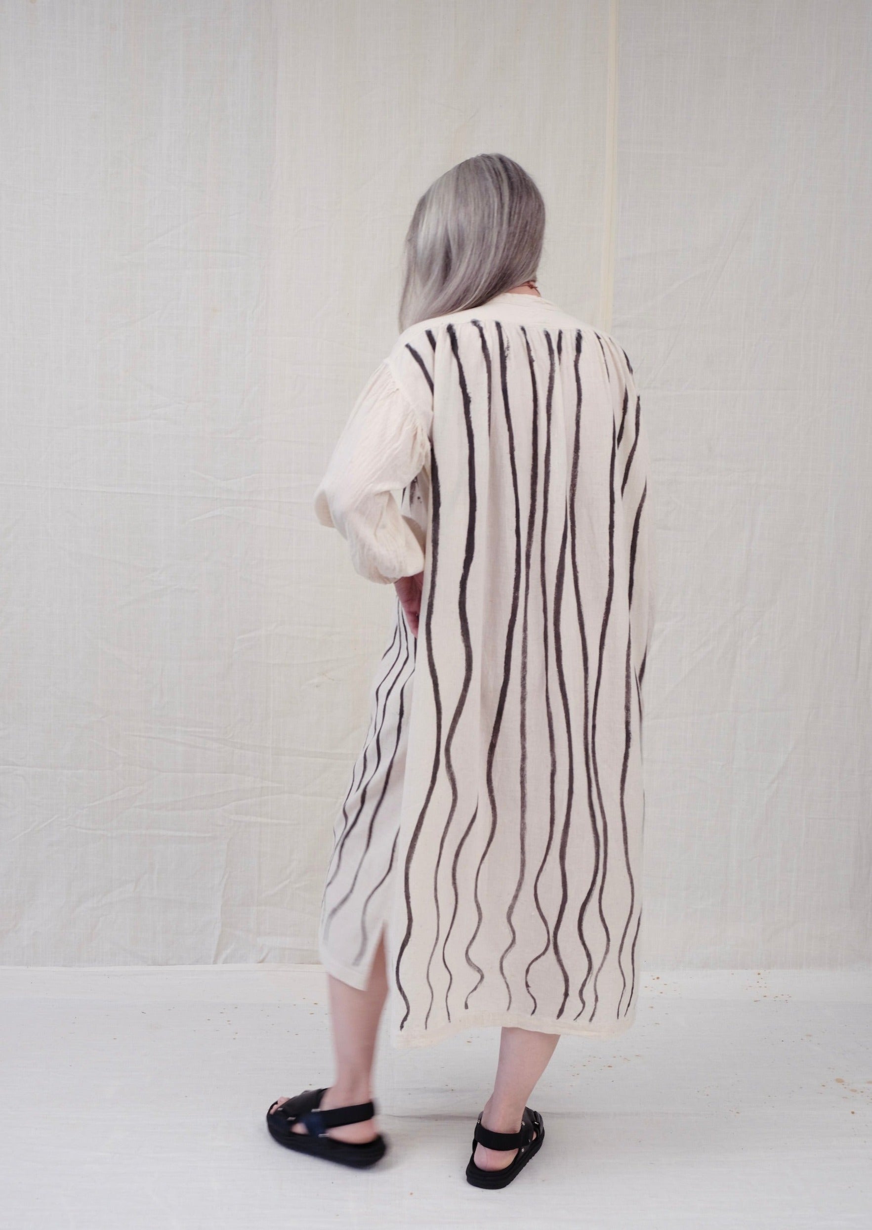 hand-painted popover dress natural khadi on model back view