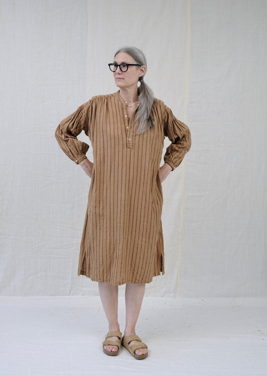 popover dress natural brown cotton stripe on model