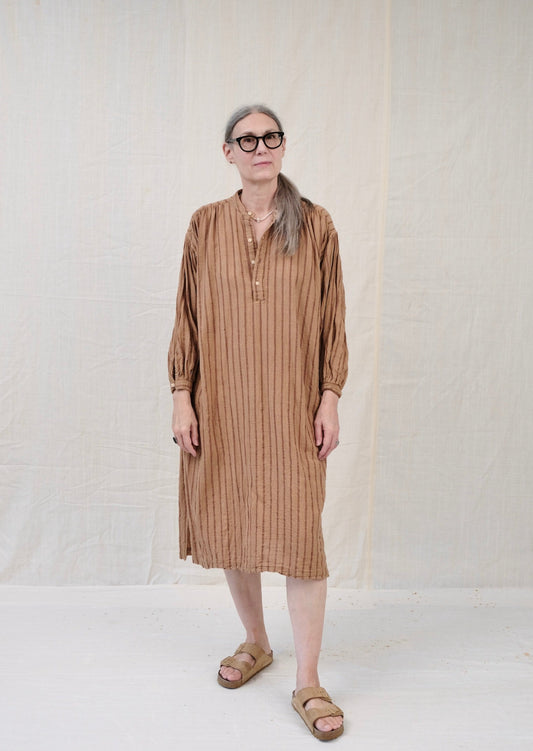 popover dress natural brown cotton stripe on model