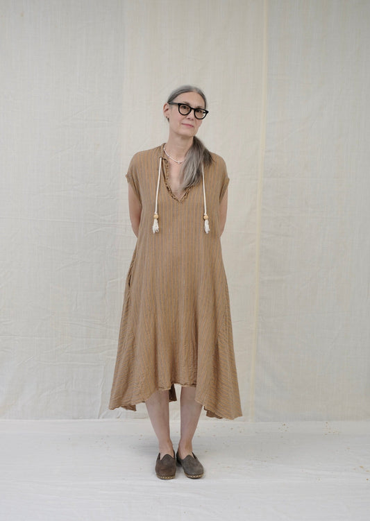 sleeveless dervish dress natural brown stripe organic cotton on model
