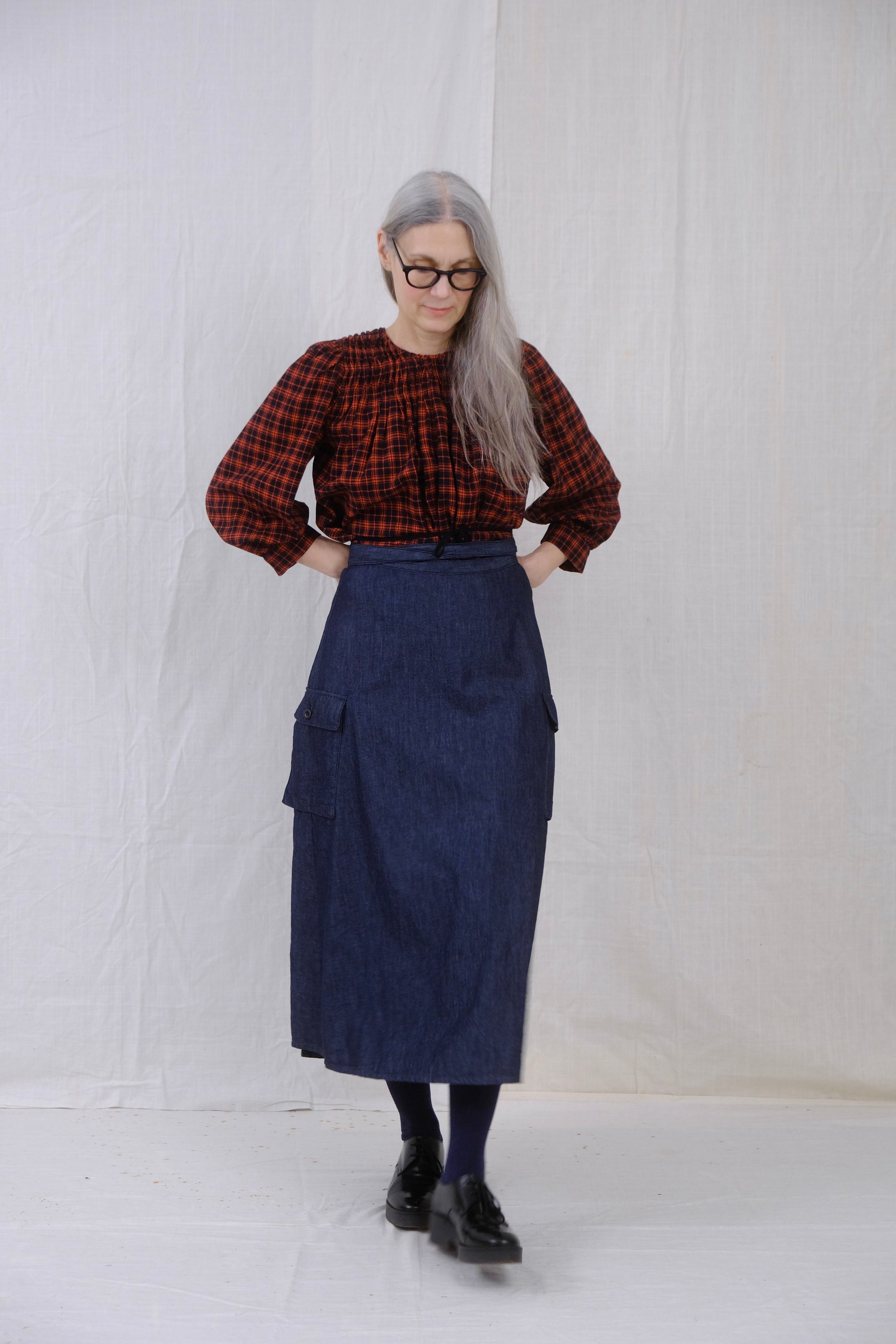 Red Flannel Plaid Shirred Blouse with denim cargo wrap skirt