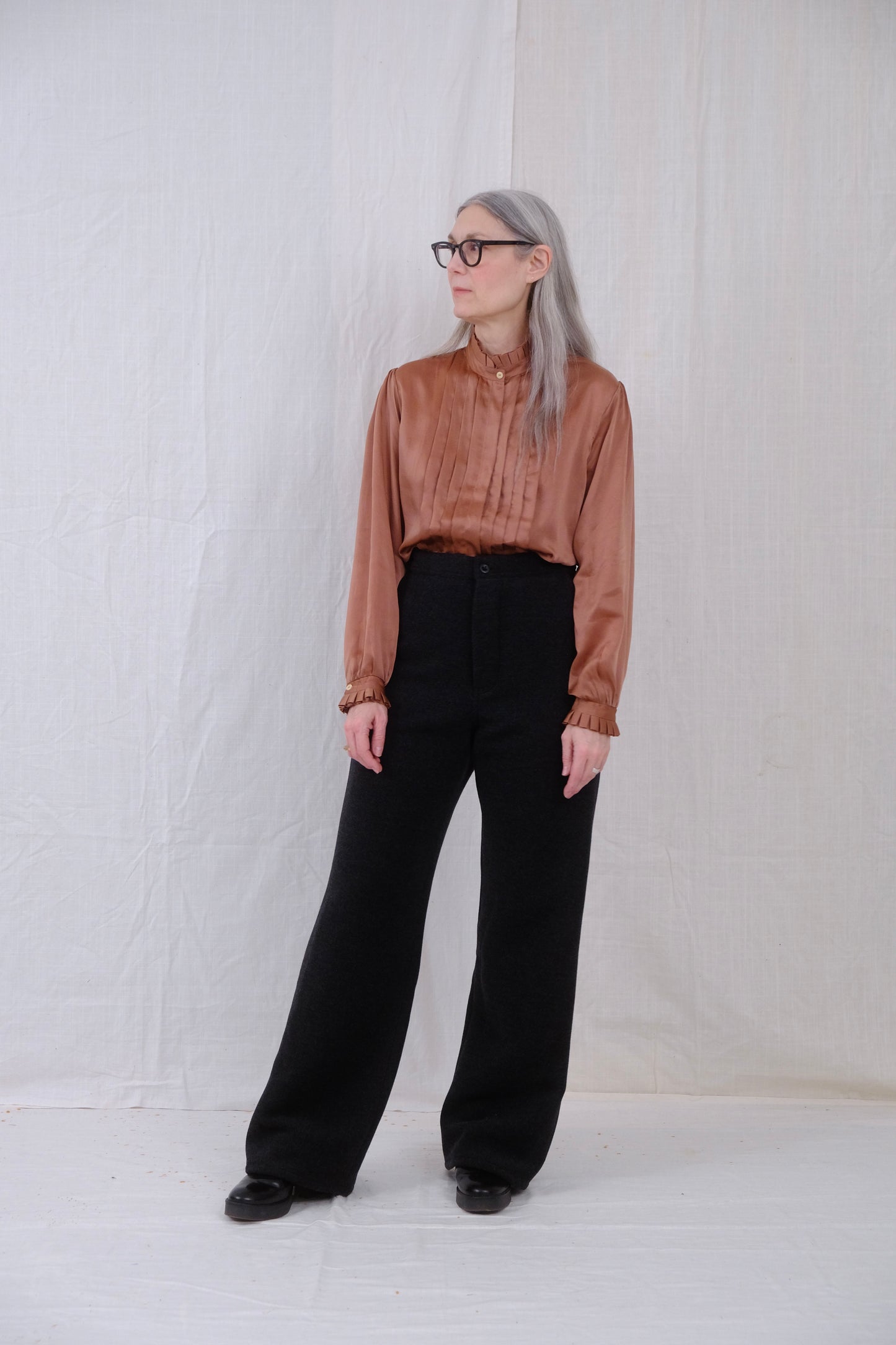 Terracotta Ruffle Blouse with Charcoal Wool Long Sailor