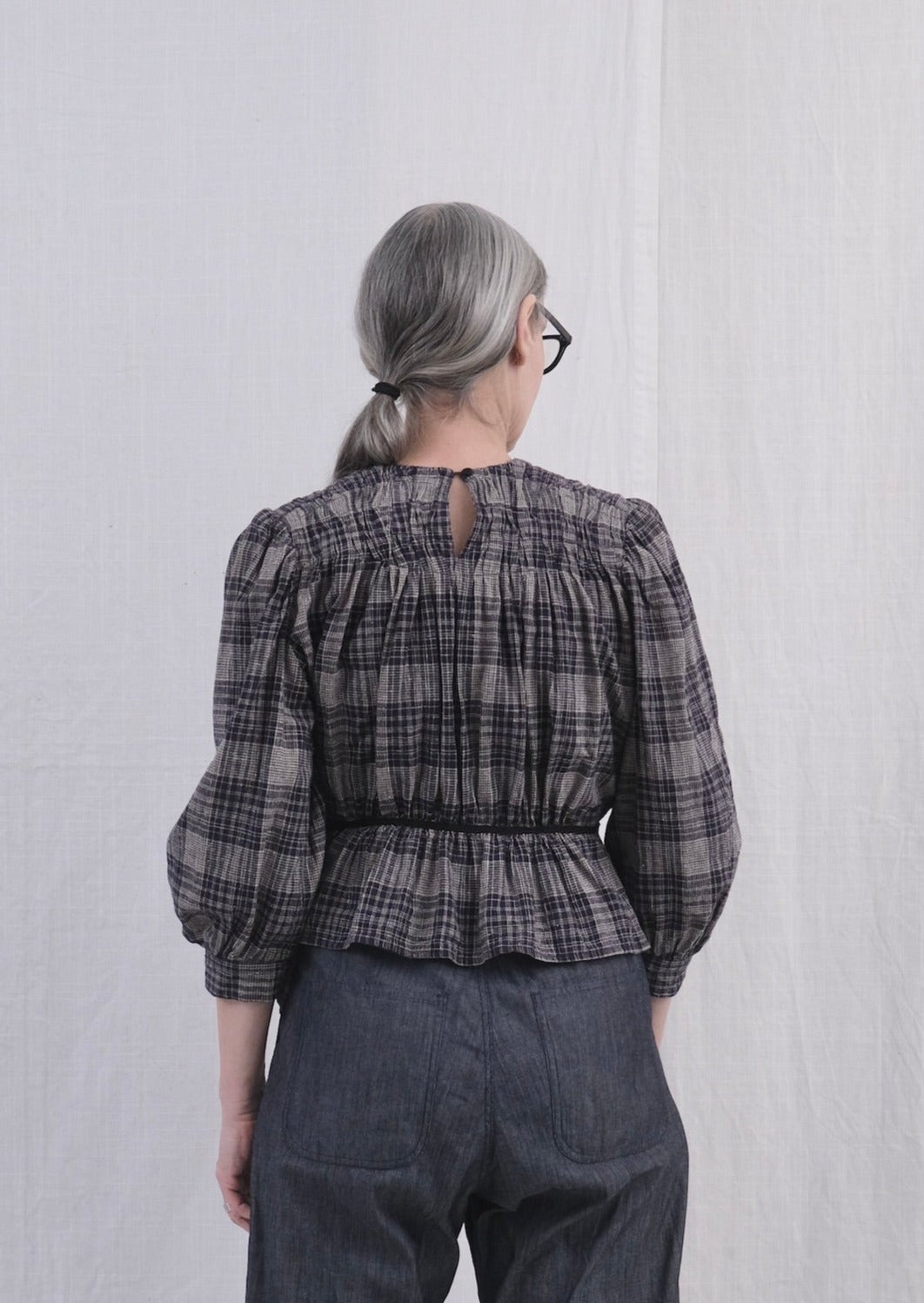 Shirred Blouse Rustic Plaid back view