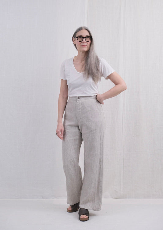 Lazy Sailor Pant in natural undyed linen with elastic in back waistband on model front view